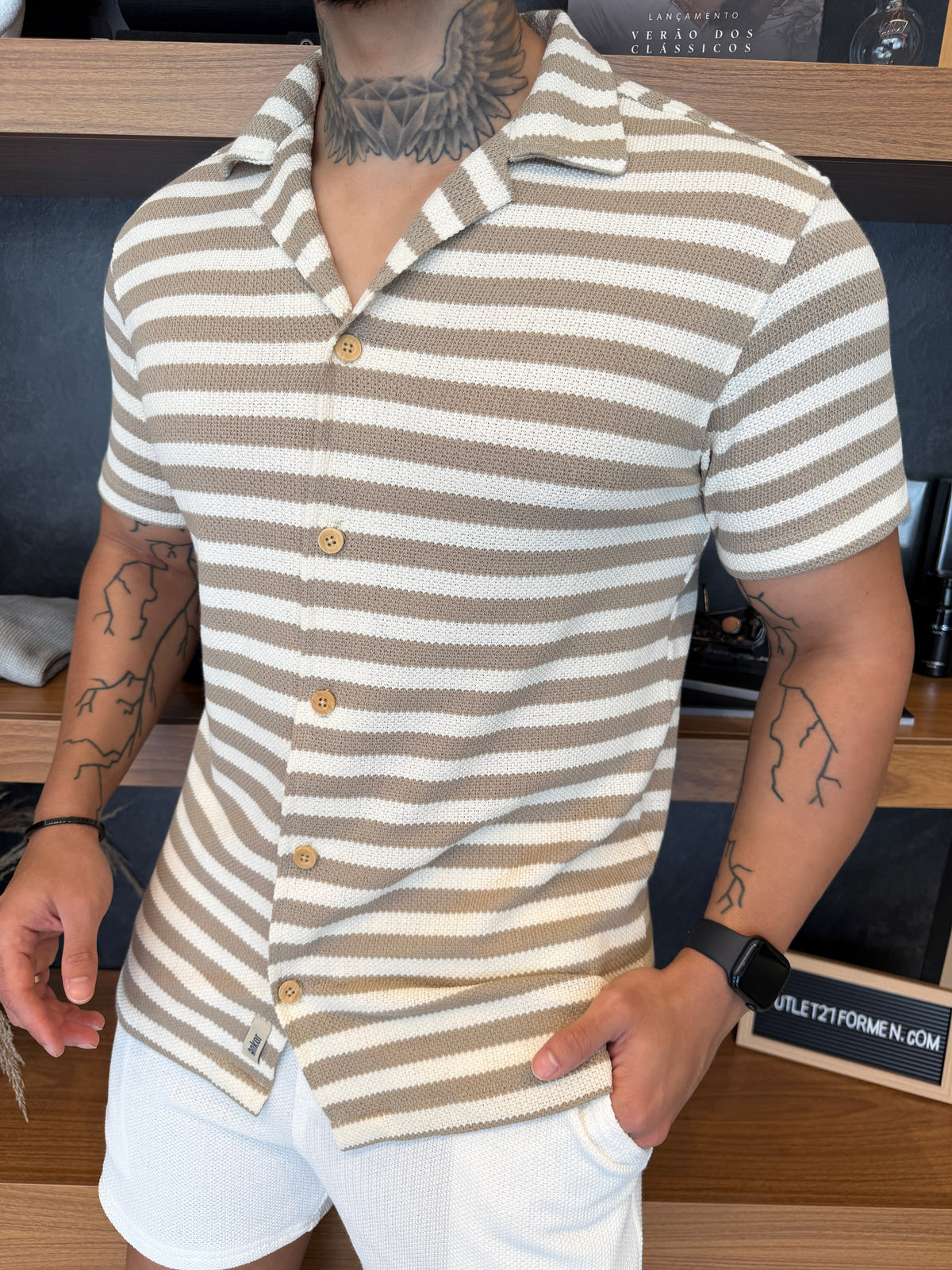 Camisa Jeri Texture Manga Curta - Listrada Khaki/Off