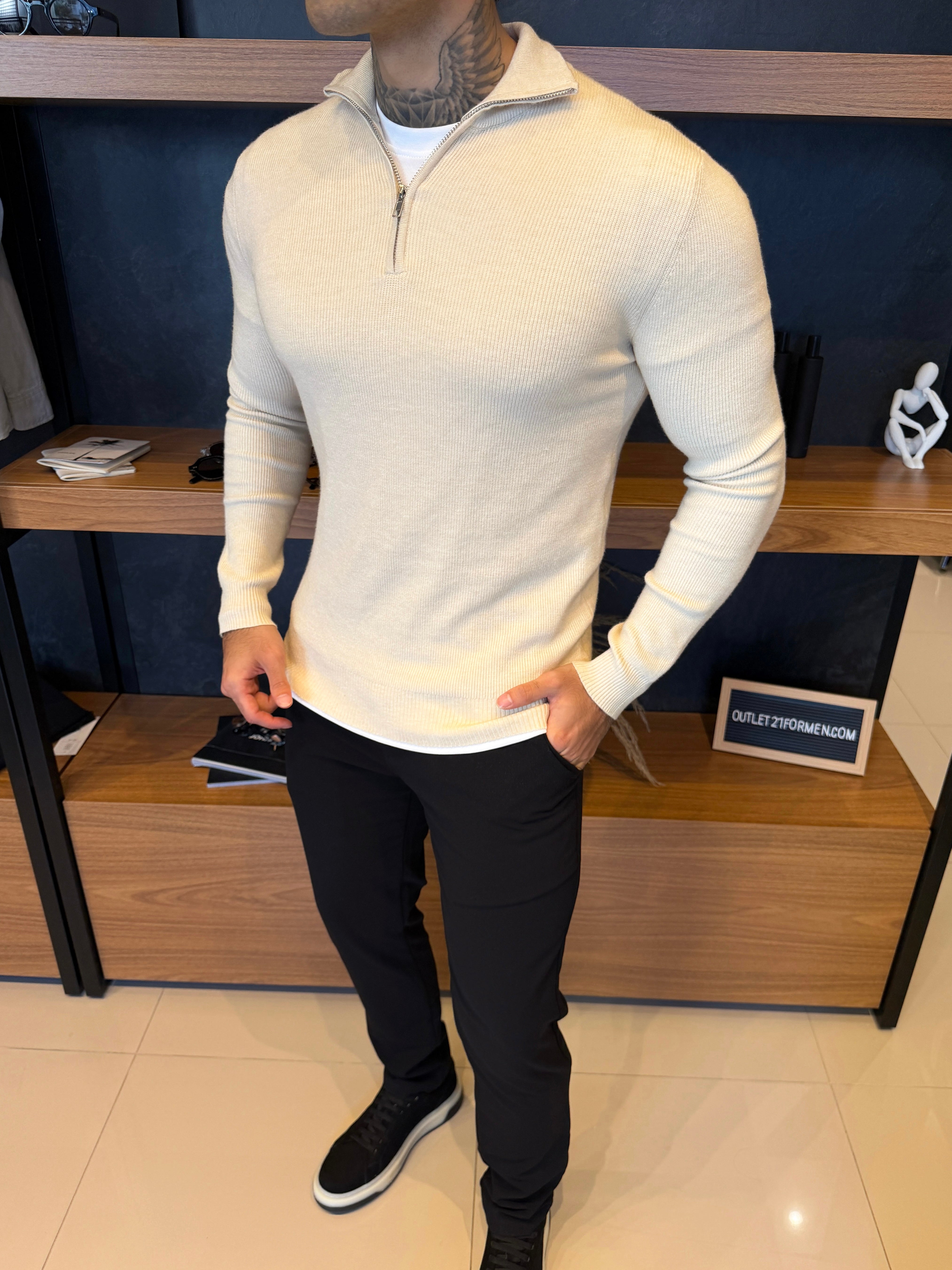 Suéter Roma Quarter-Zip Clássico - Bege Claro