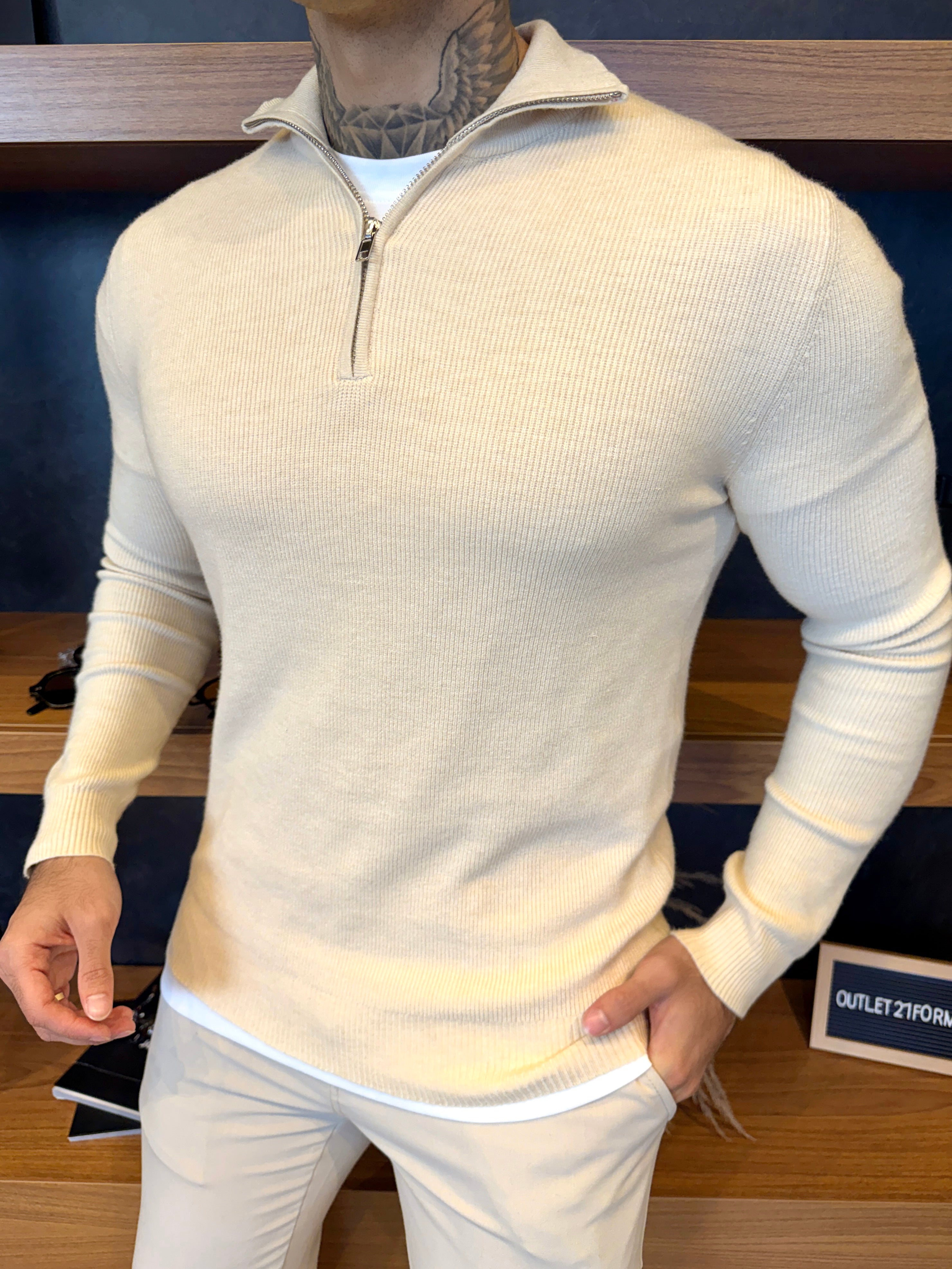 Suéter Roma Quarter-Zip Clássico - Bege Claro