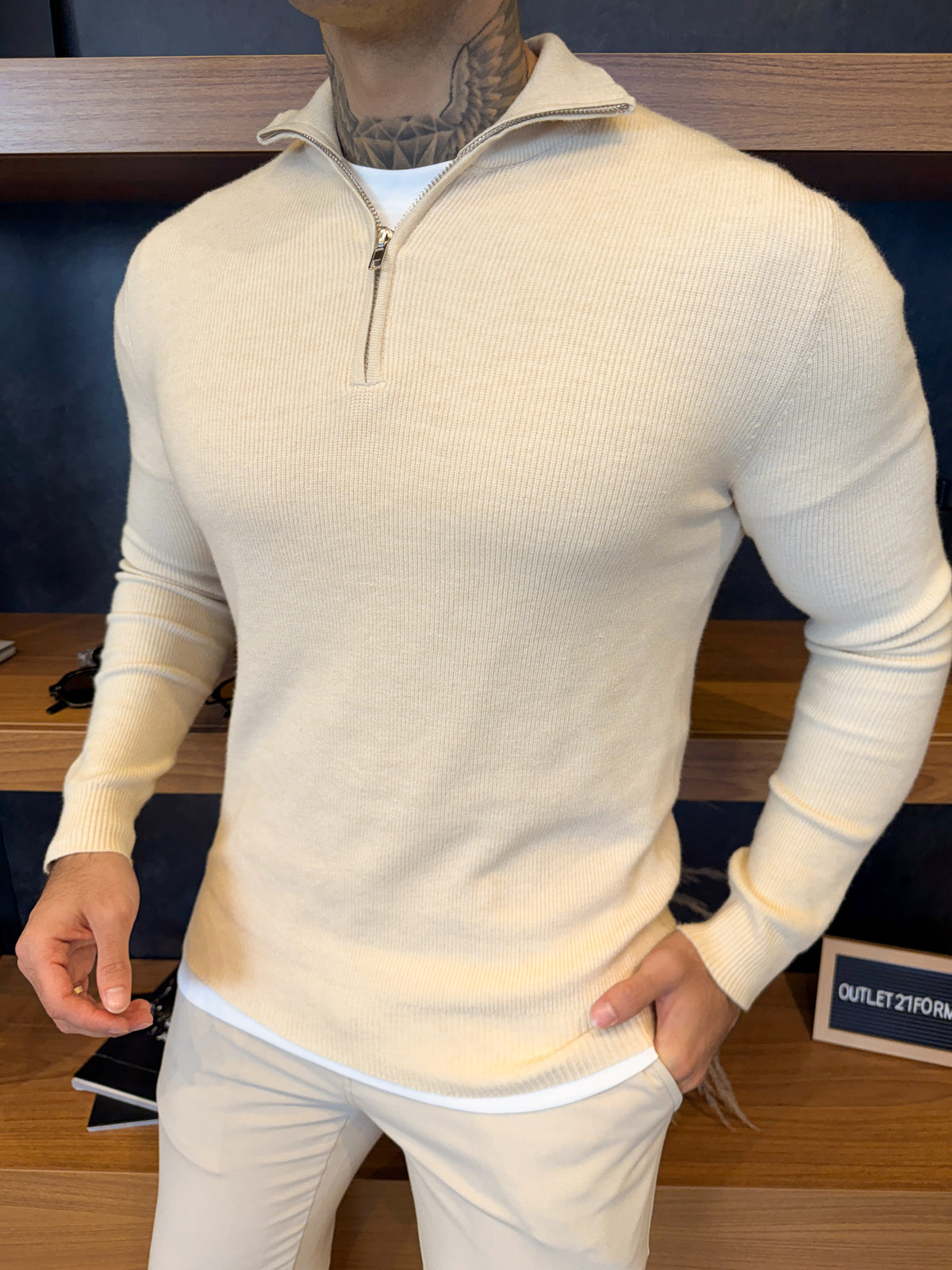 Suéter Roma Quarter-Zip Clássico - Bege Claro