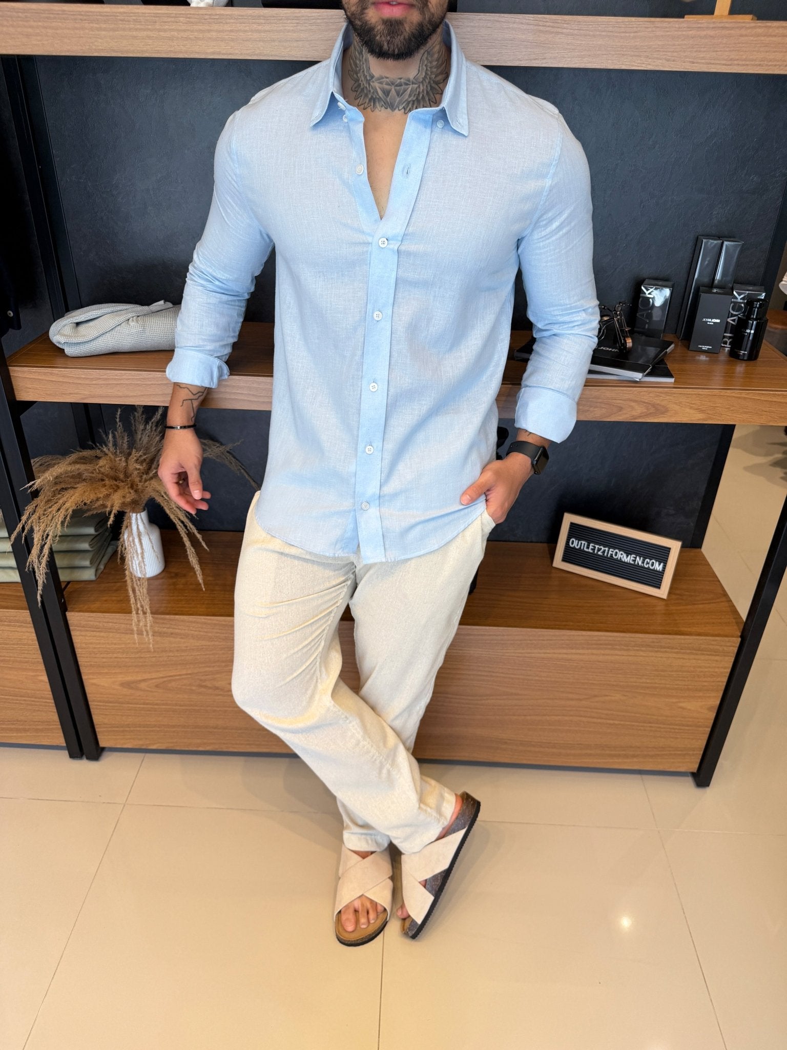 Camisa Linho Manga Longa - Azul bebê