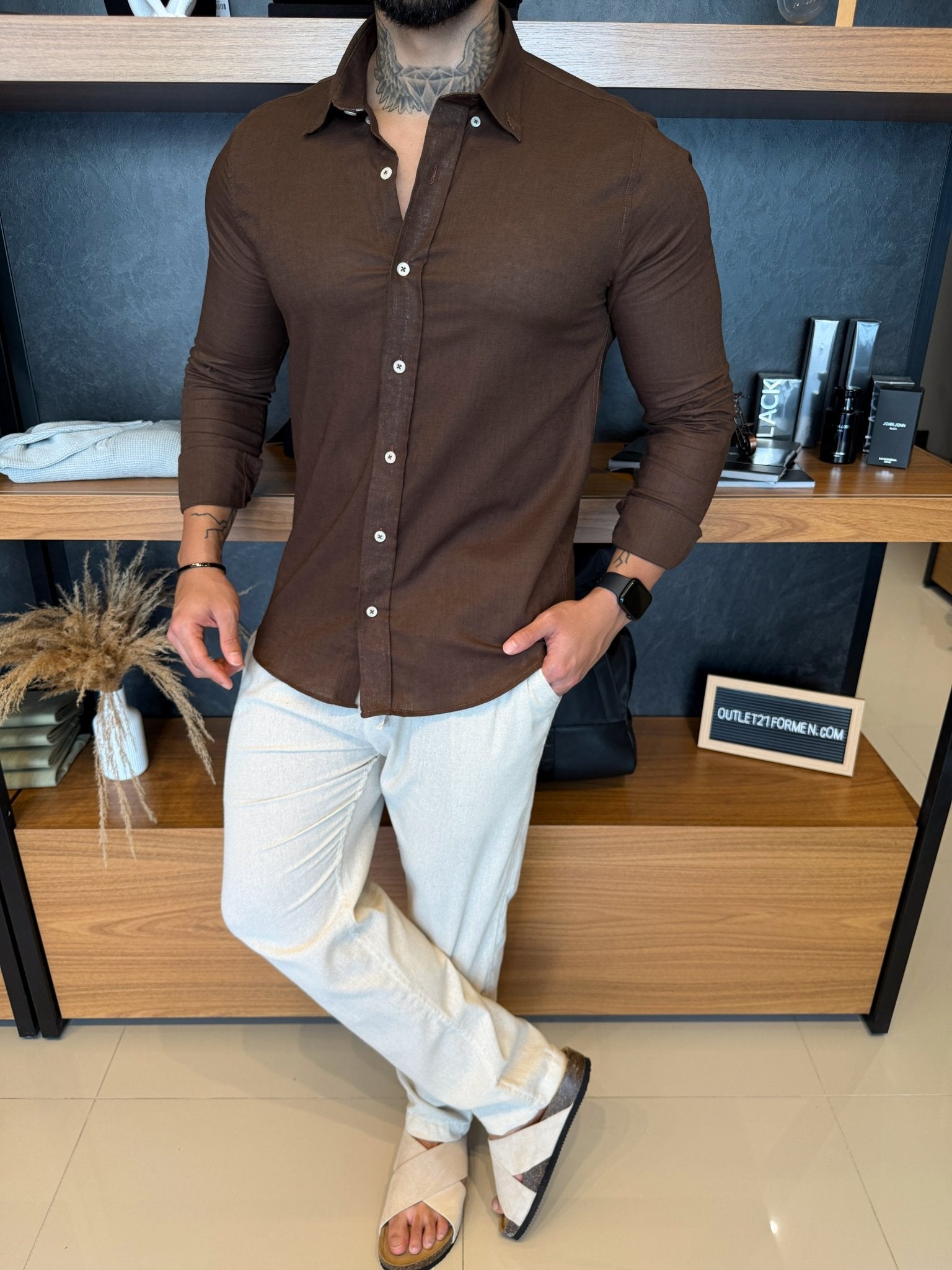 Camisa Linho Manga Longa - Marrom