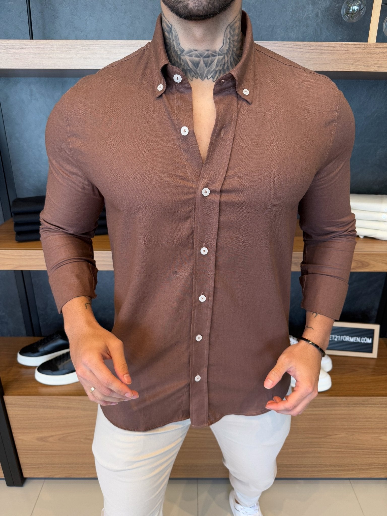 Camisa Linho Manga Longa - Marrom