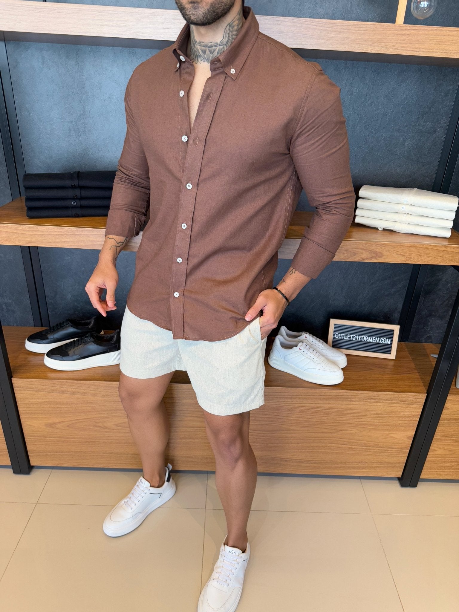 Camisa Linho Puro Manga Longa - Marrom