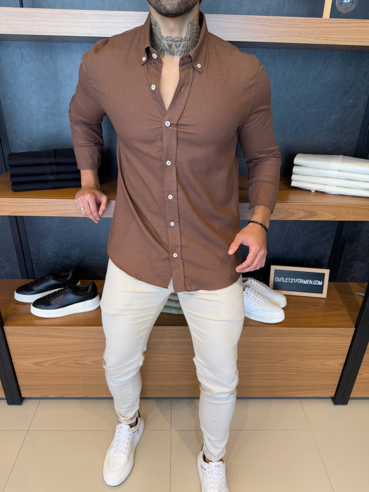 Camisa Linho Puro Manga Longa - Marrom