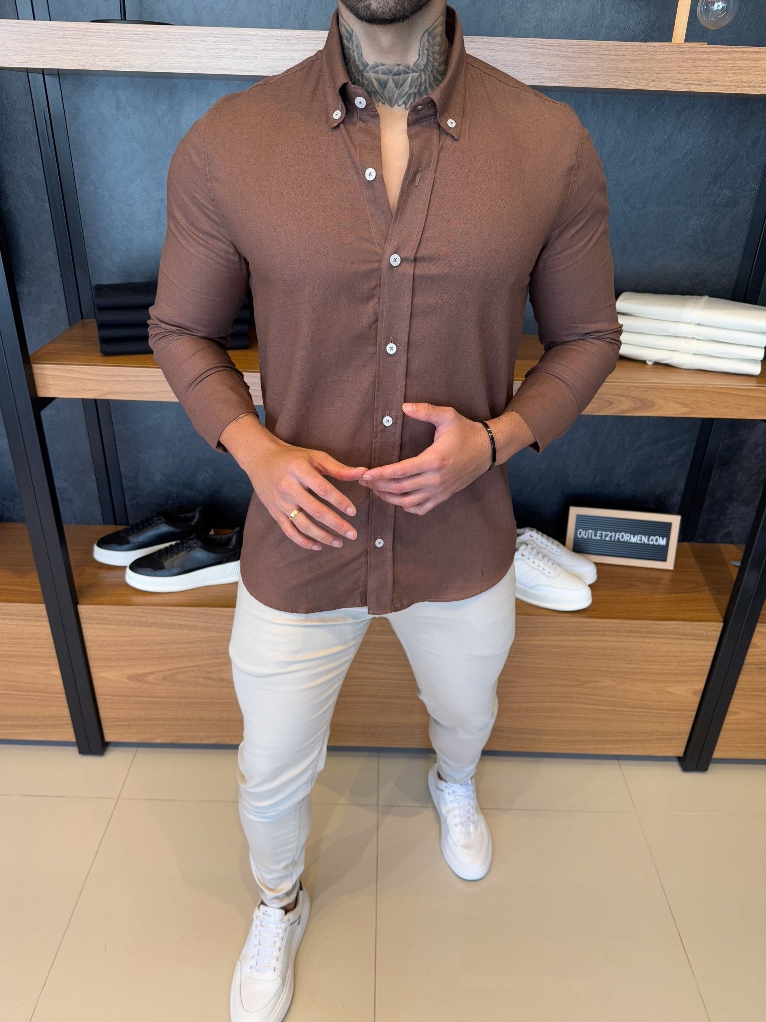 Camisa Linho Puro Manga Longa - Marrom