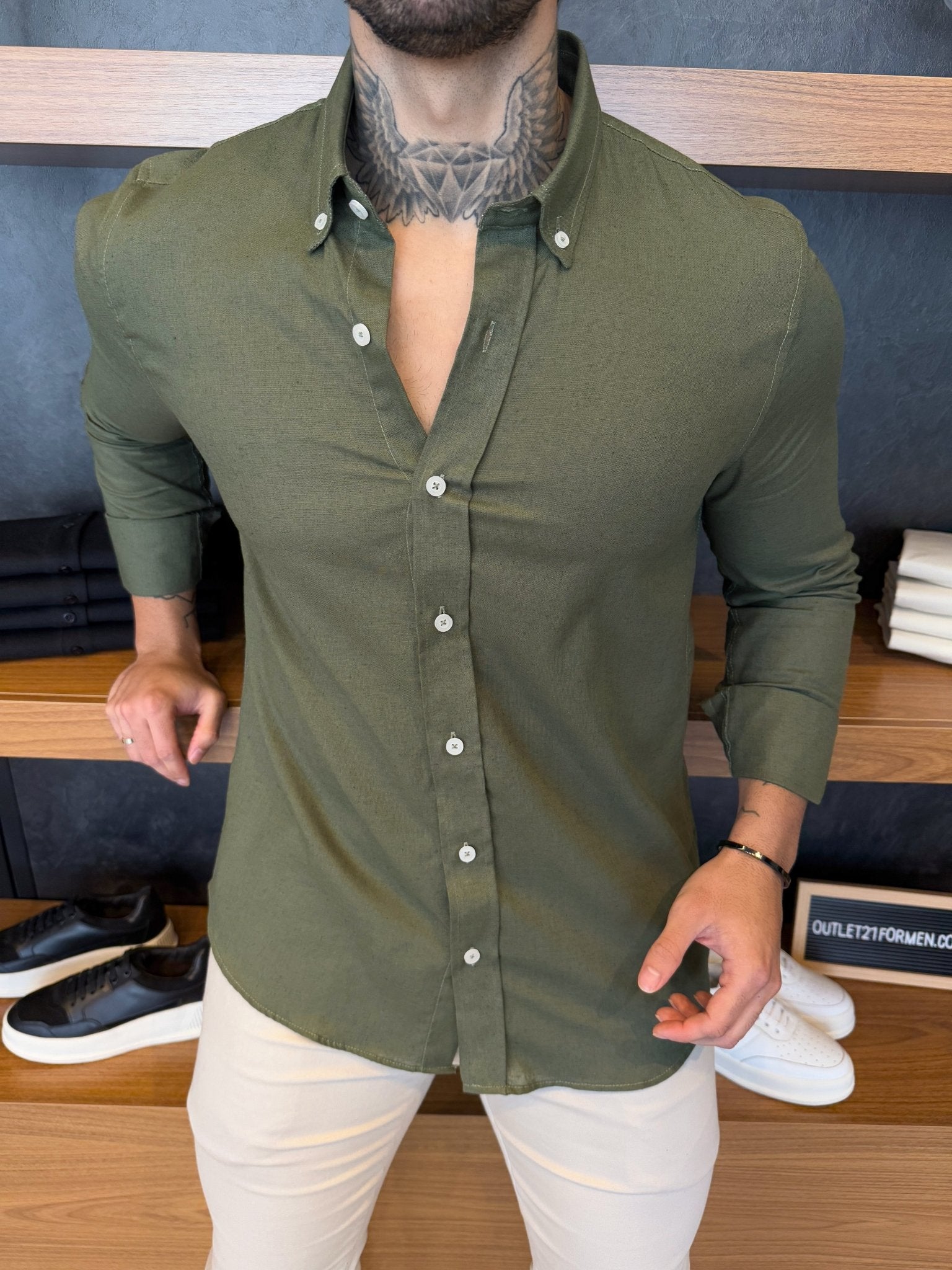 Camisa Linho Puro Manga Longa - Musgo