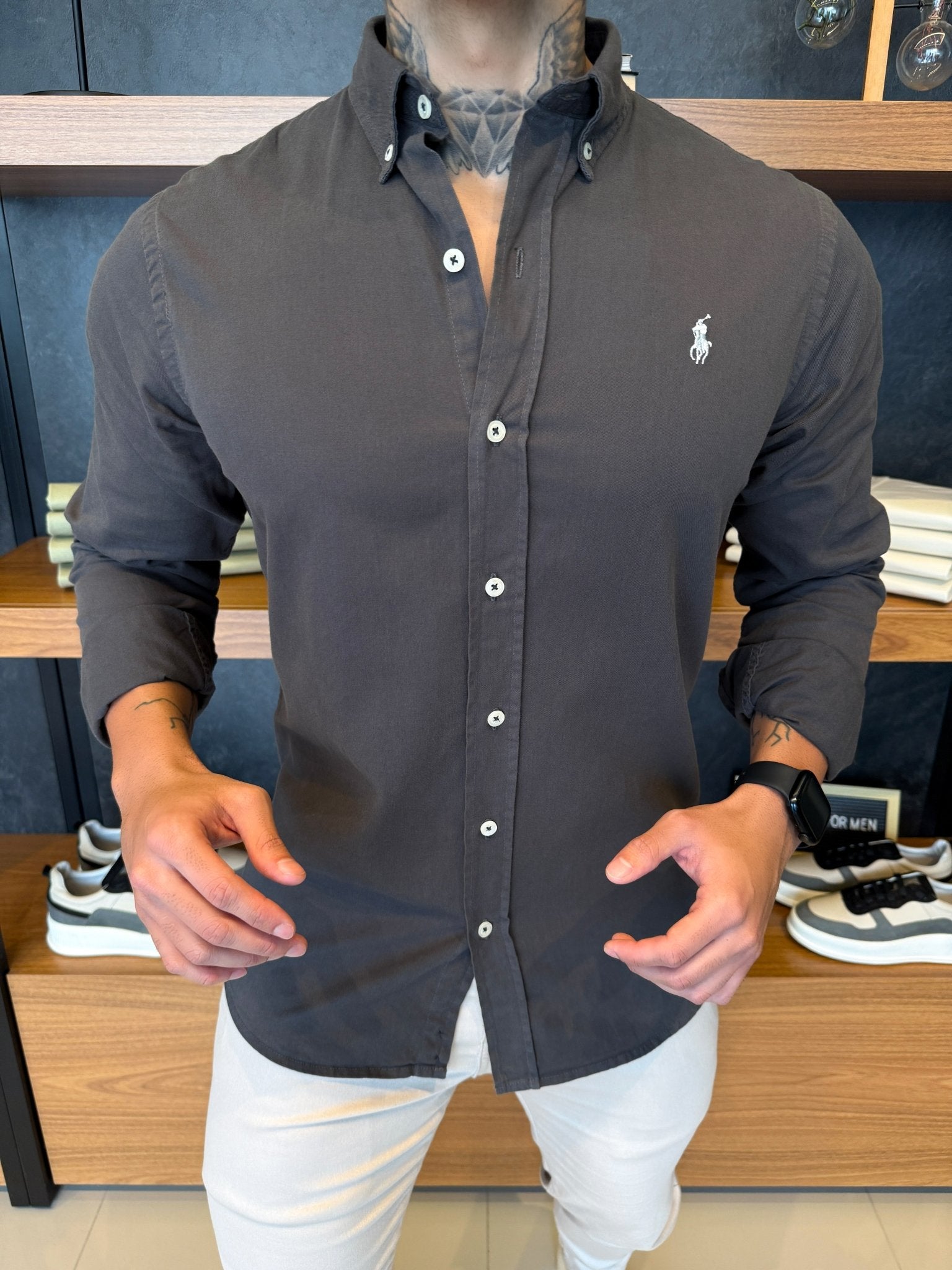 Camisa Polo Ralph. Sarja Cinza Logo Branco