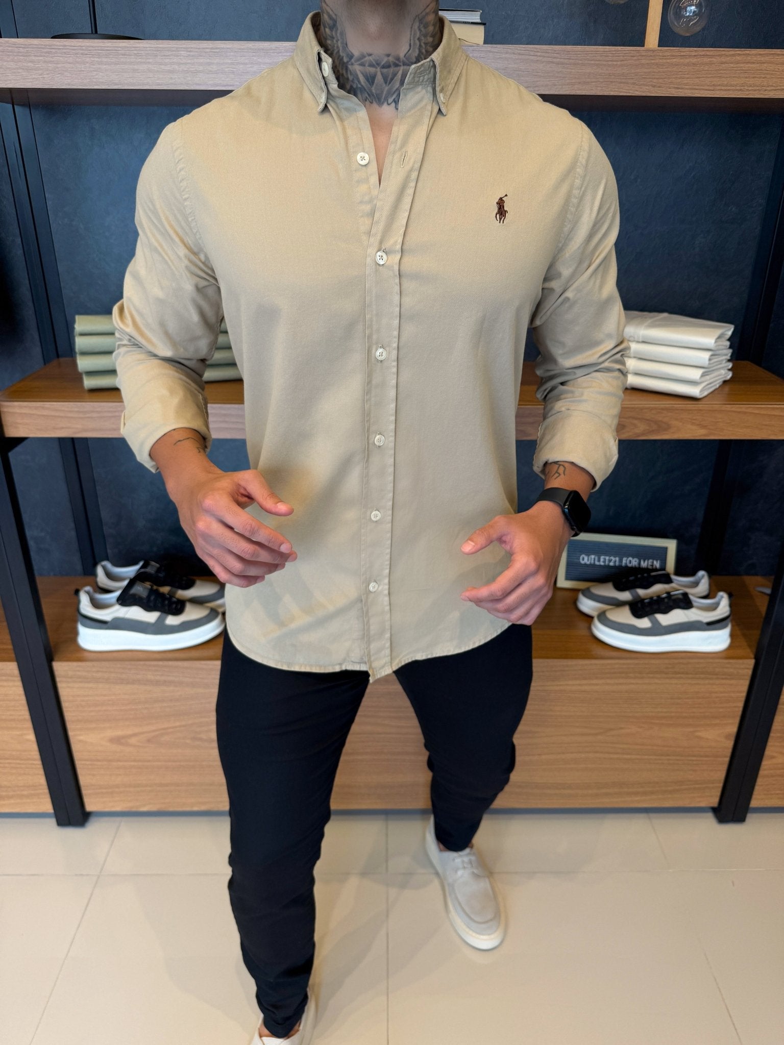 Camisa Polo Ralph. Sarja Khaki Logo Marrom