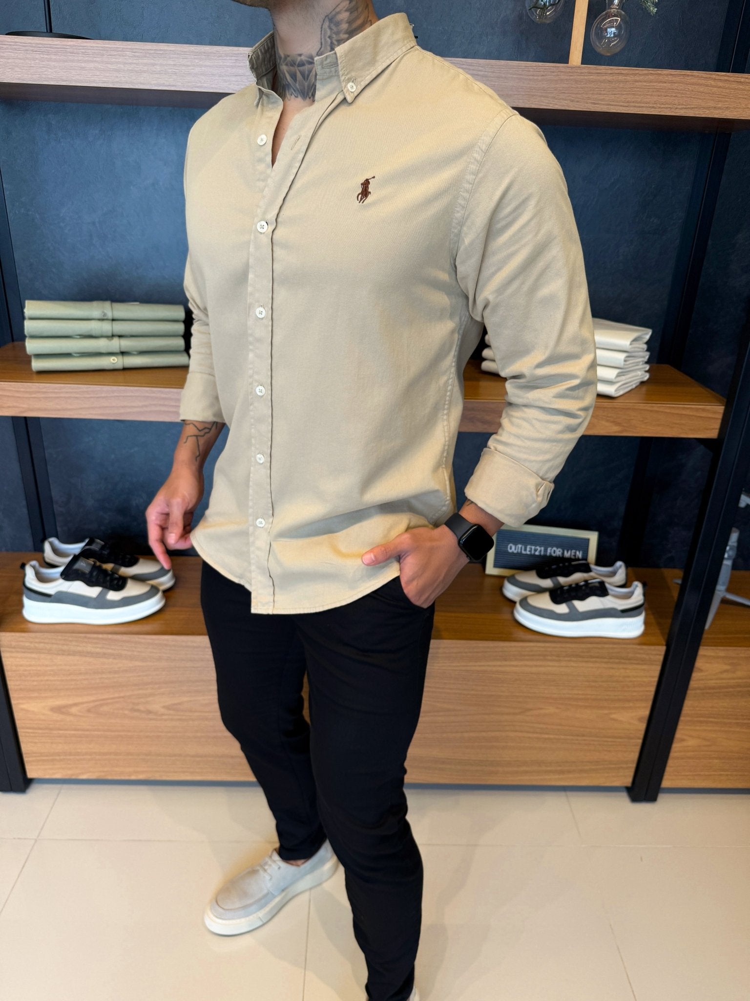 Camisa Polo Ralph. Sarja Khaki Logo Marrom