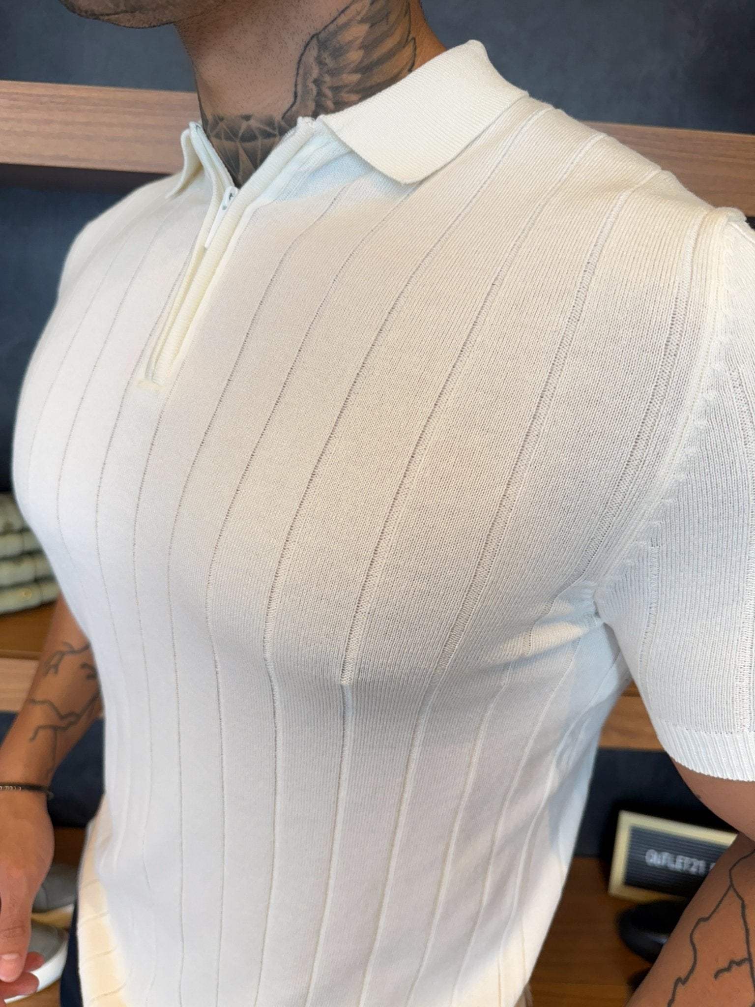 Polo Navy Tricot Off White Listras Minimalista e Zíper
