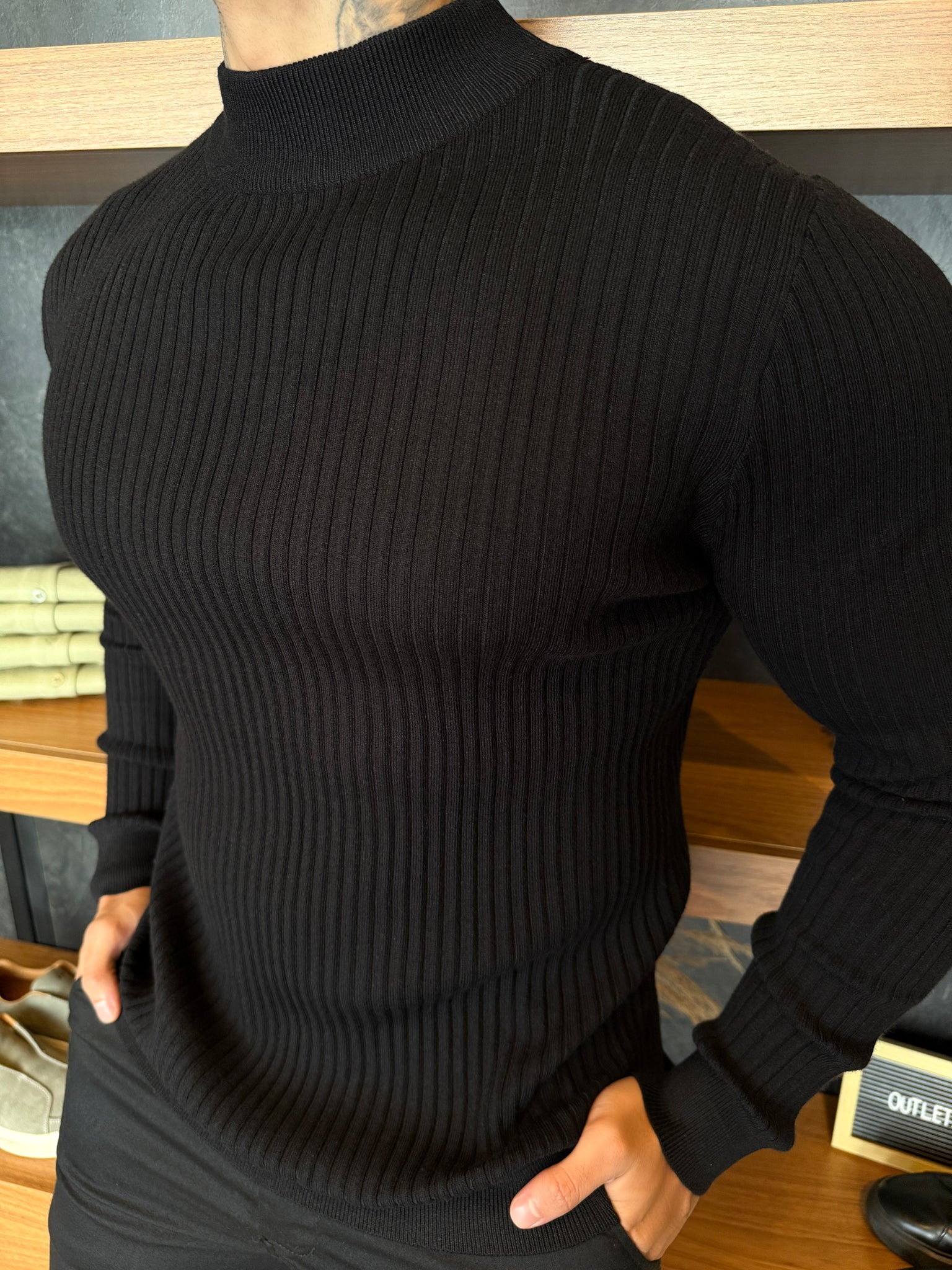 Suéter Canelado Lã Nobre Cashmere Gola Média - Preto
