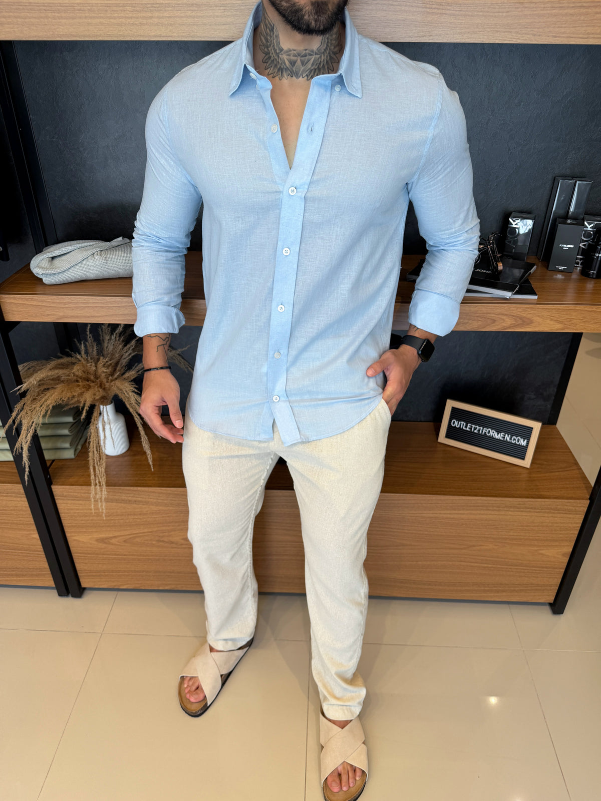 Camisa 100% Linho Manga Longa - Azul Claro