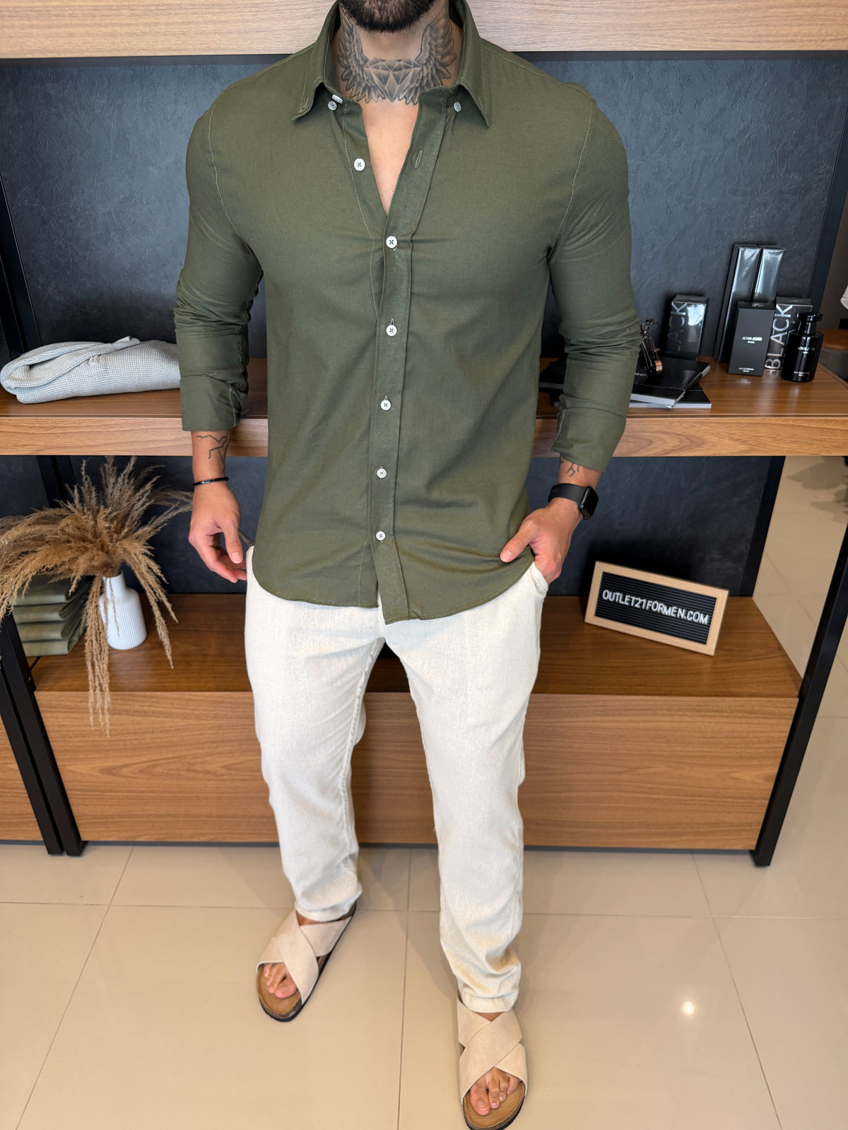 Camisa 100% Linho Manga Longa - Militar