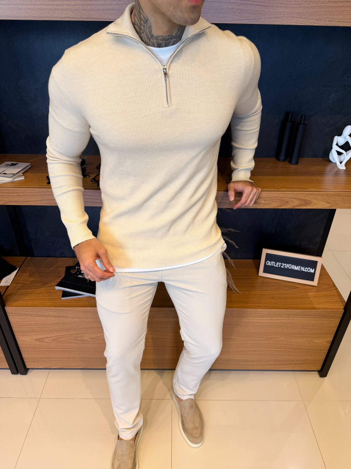 Suéter Roma Quarter-Zip Clássico - Bege Claro