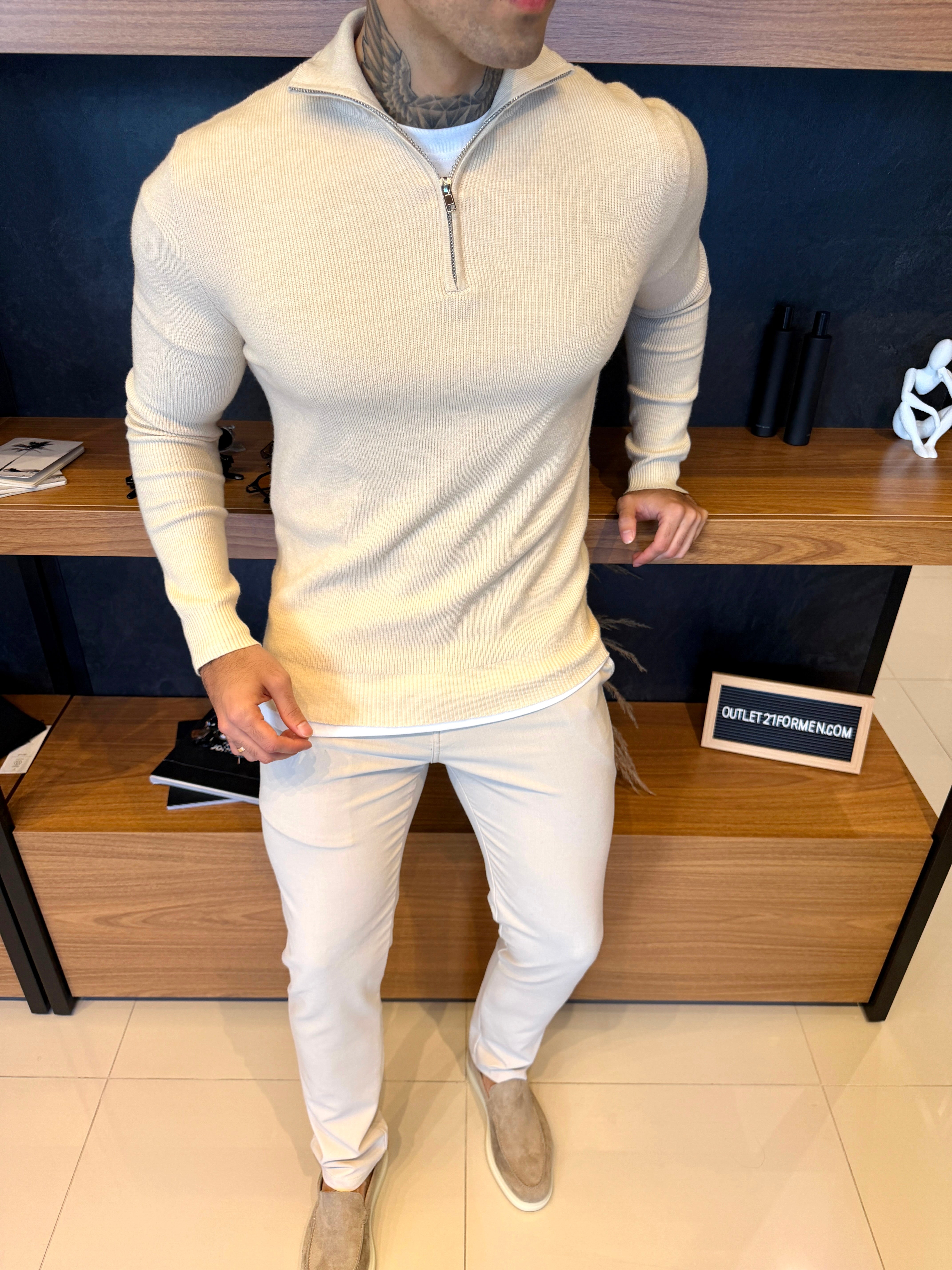Suéter Roma Quarter-Zip Clássico - Bege Claro