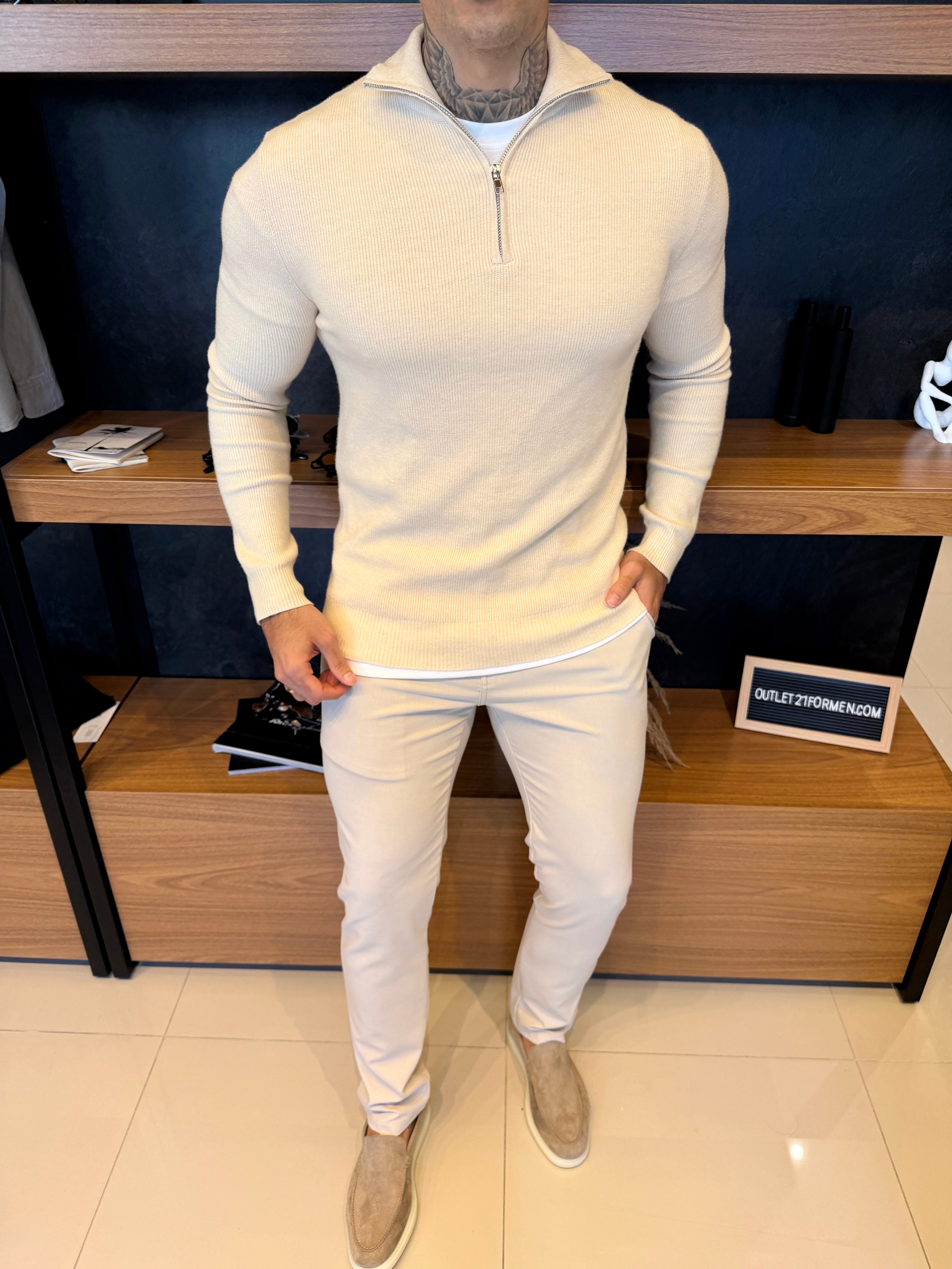 Suéter Roma Quarter-Zip Clássico - Bege Claro