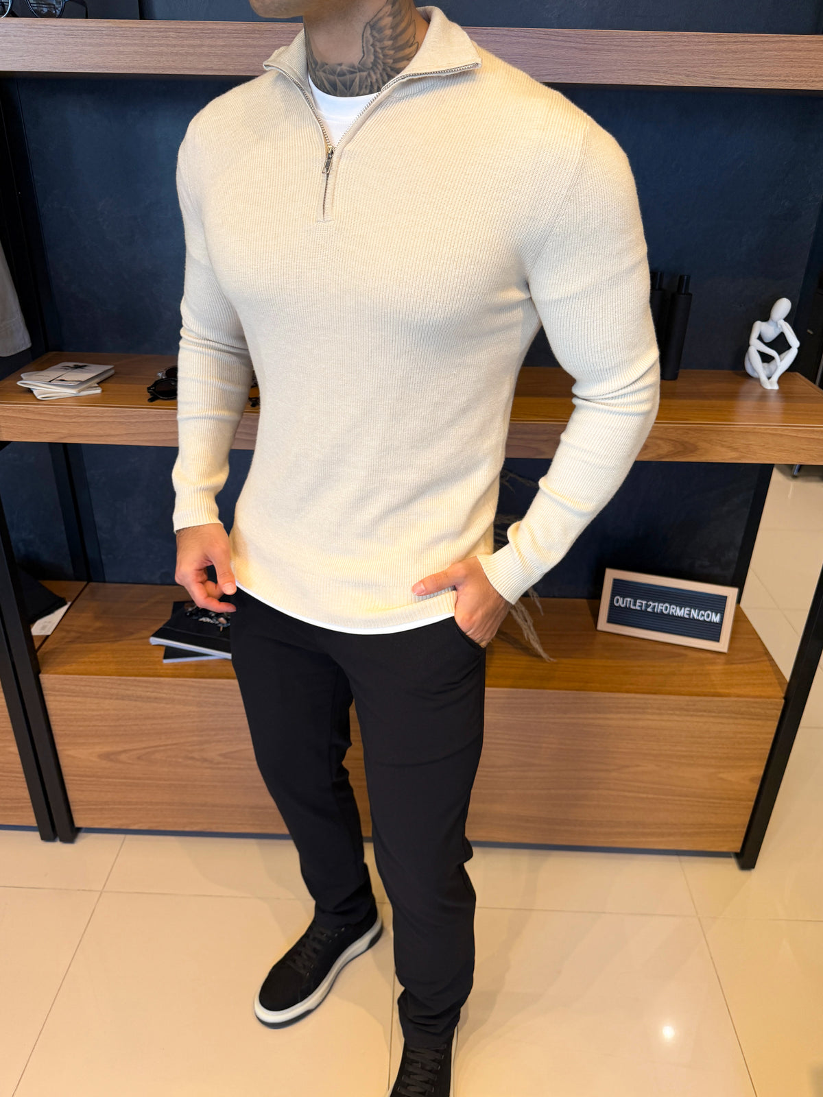 Suéter Roma Quarter-Zip Clássico - Bege Claro