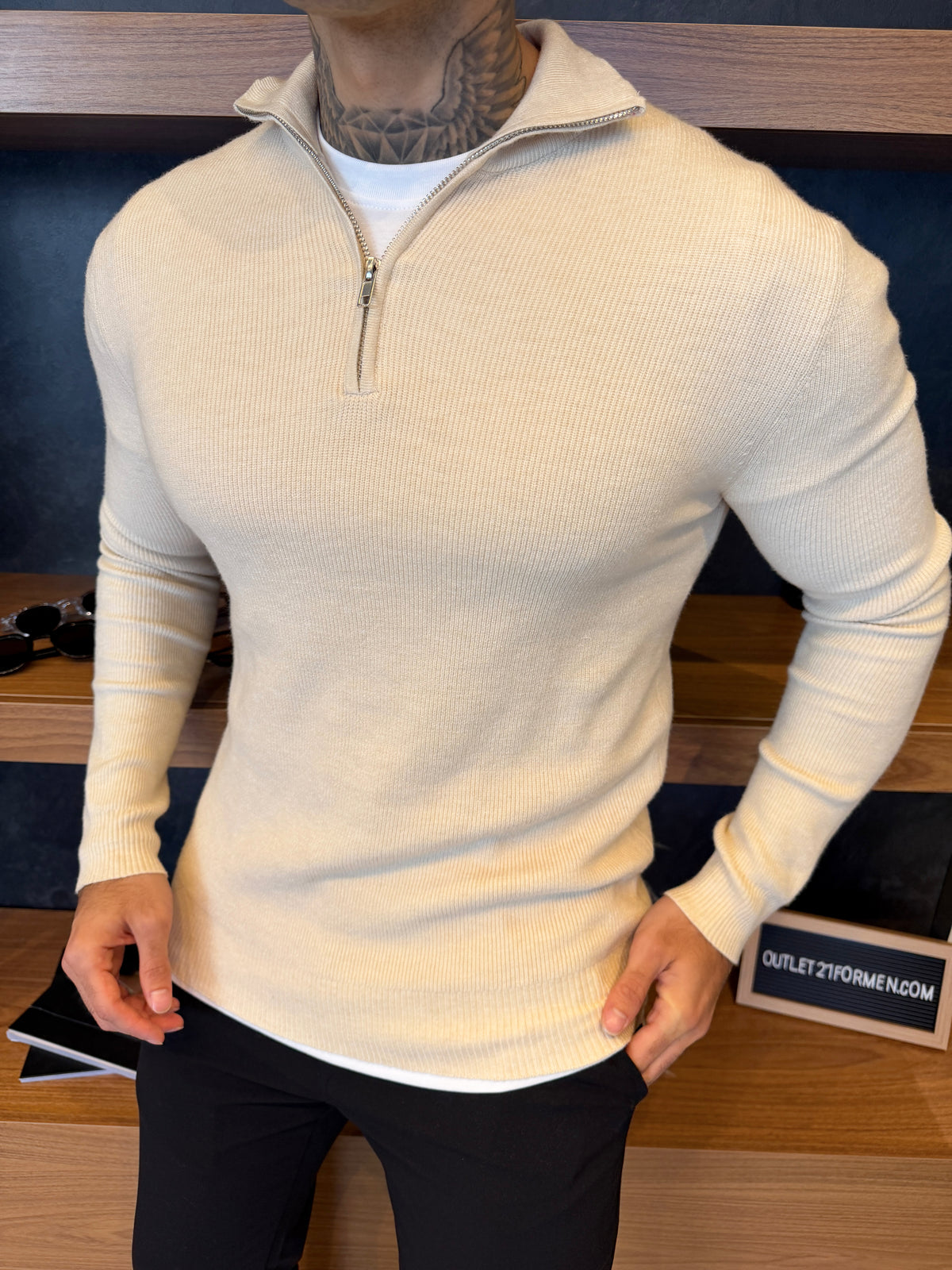 Suéter Roma Quarter-Zip Clássico - Bege Claro
