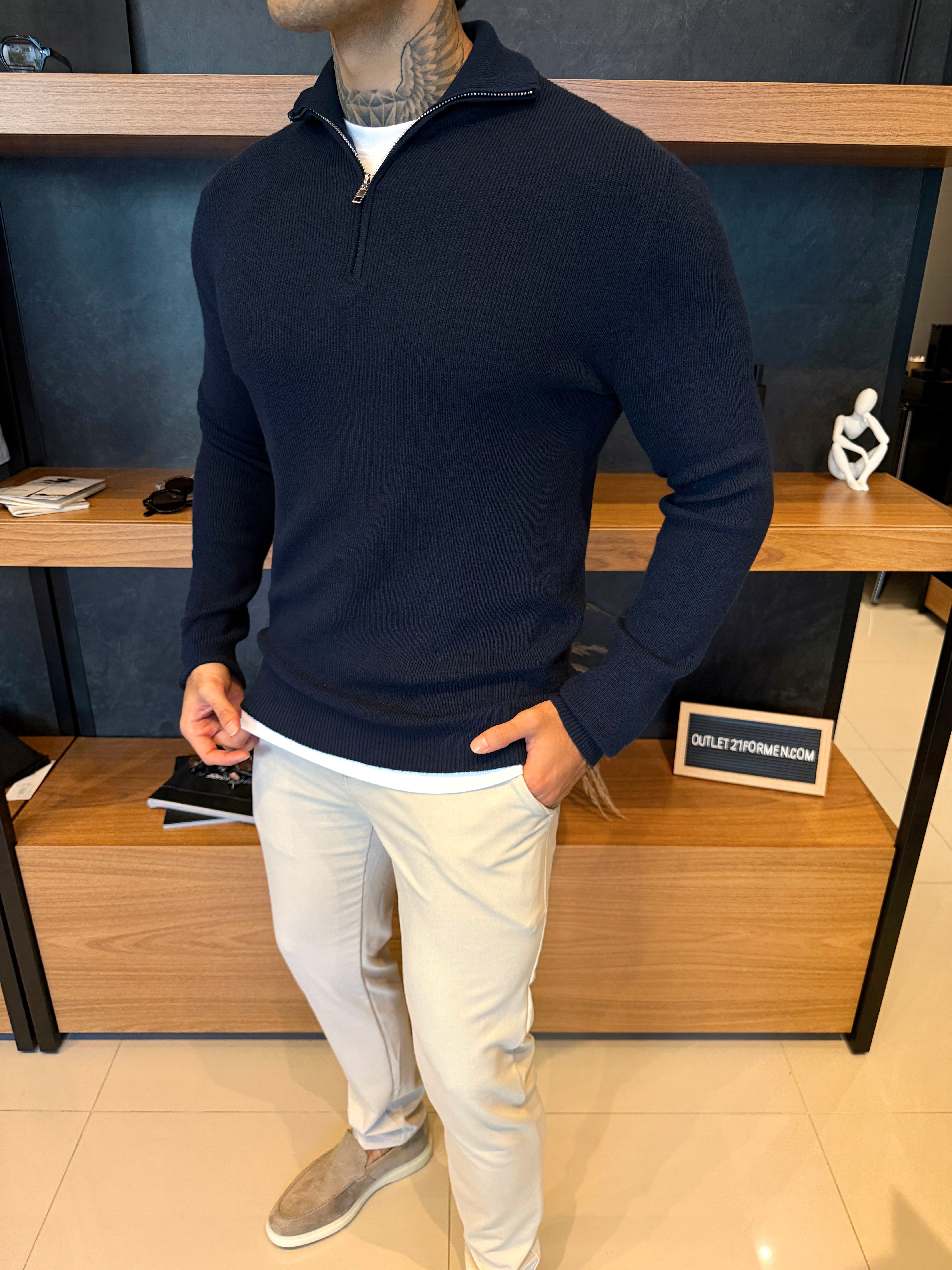 Suéter Roma Quarter-Zip Clássico - Azul Marinho