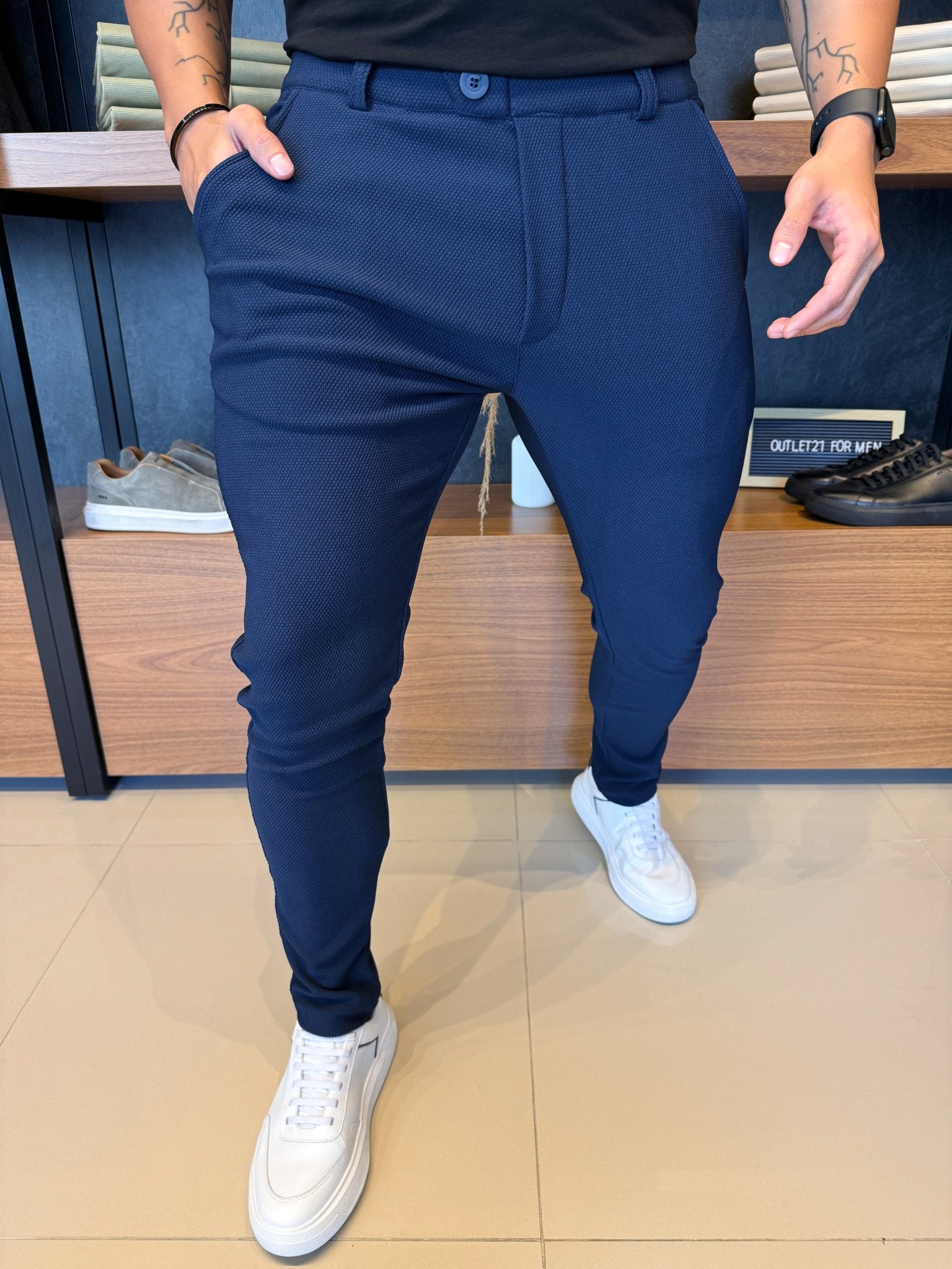 Calça Granitto Marinho Modelo Texturizado Sem Zíper
