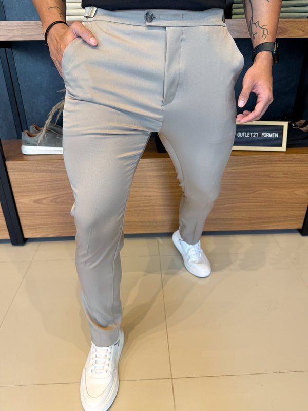 Calça Italiana Alfaitaria Khaki C/ Ajuste Fivela Lateral