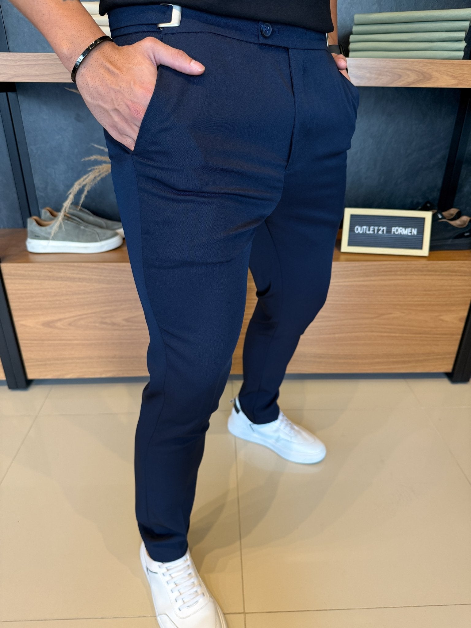 Calça Italiana Alfaitaria Marinho C/ Ajuste Fivela Lateral
