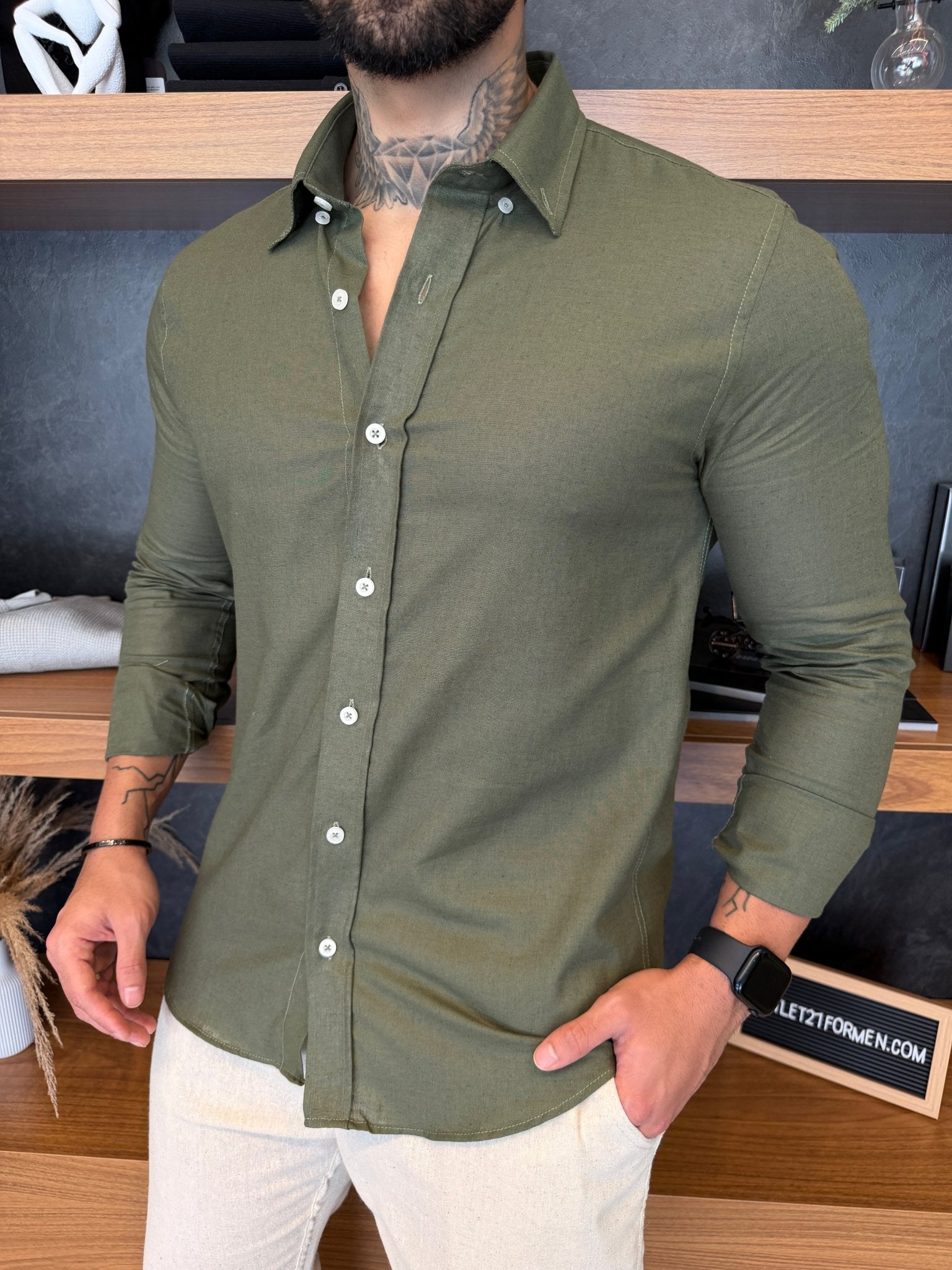 Camisa Linho Manga Longa - Musgo