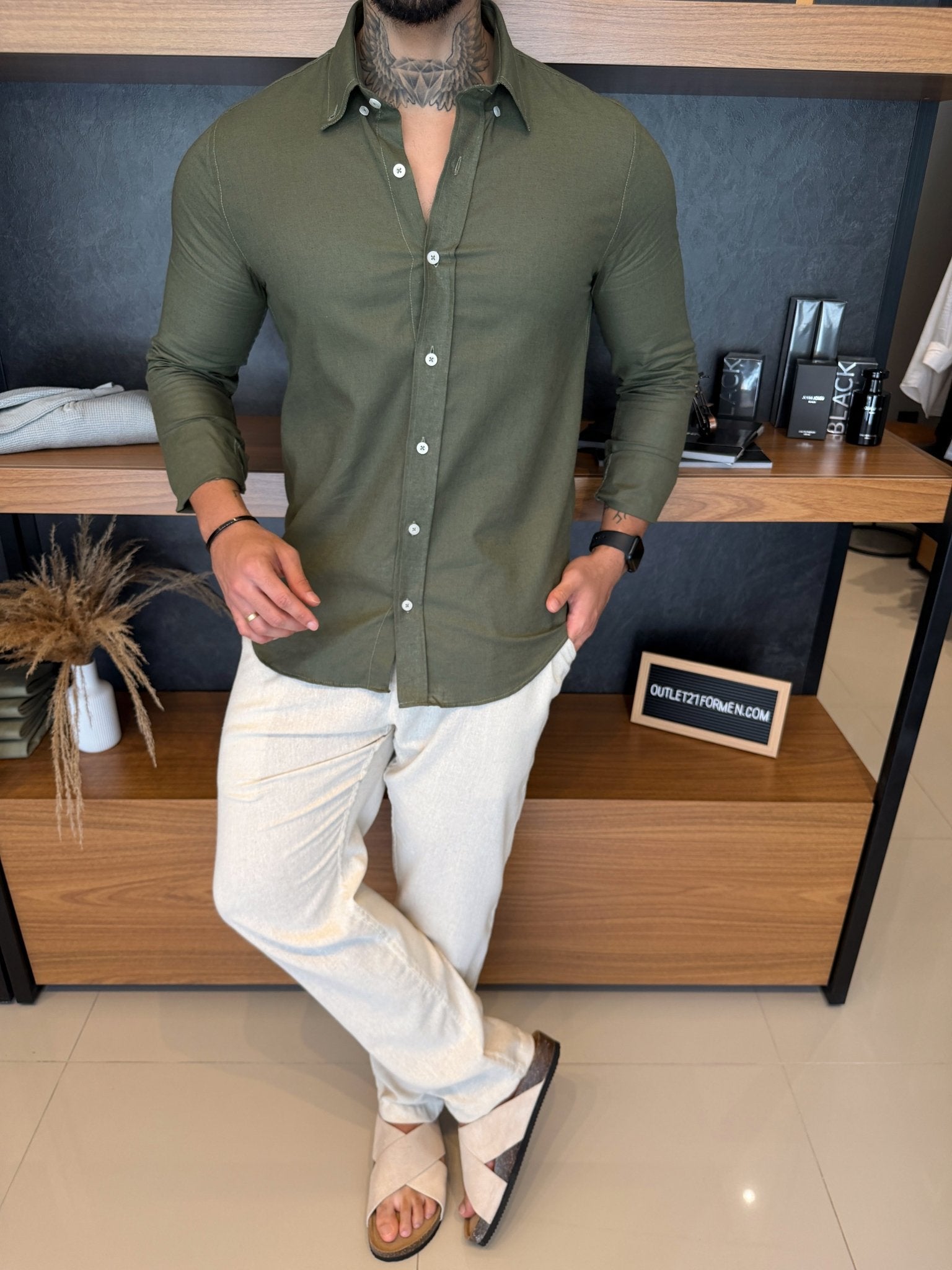 Camisa Linho Manga Longa - Militar