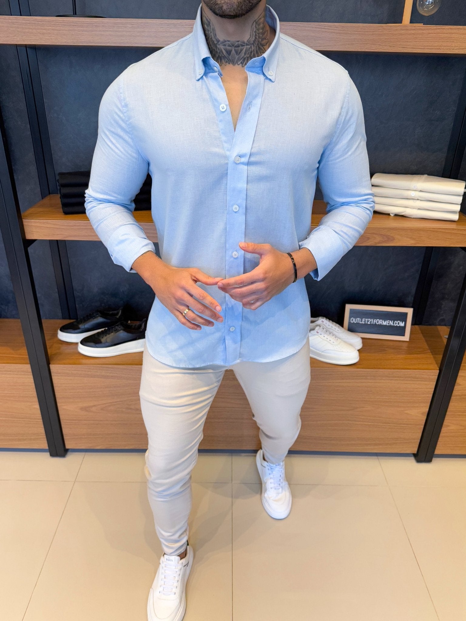 Camisa Linho Puro Manga Longa - Azul bebê
