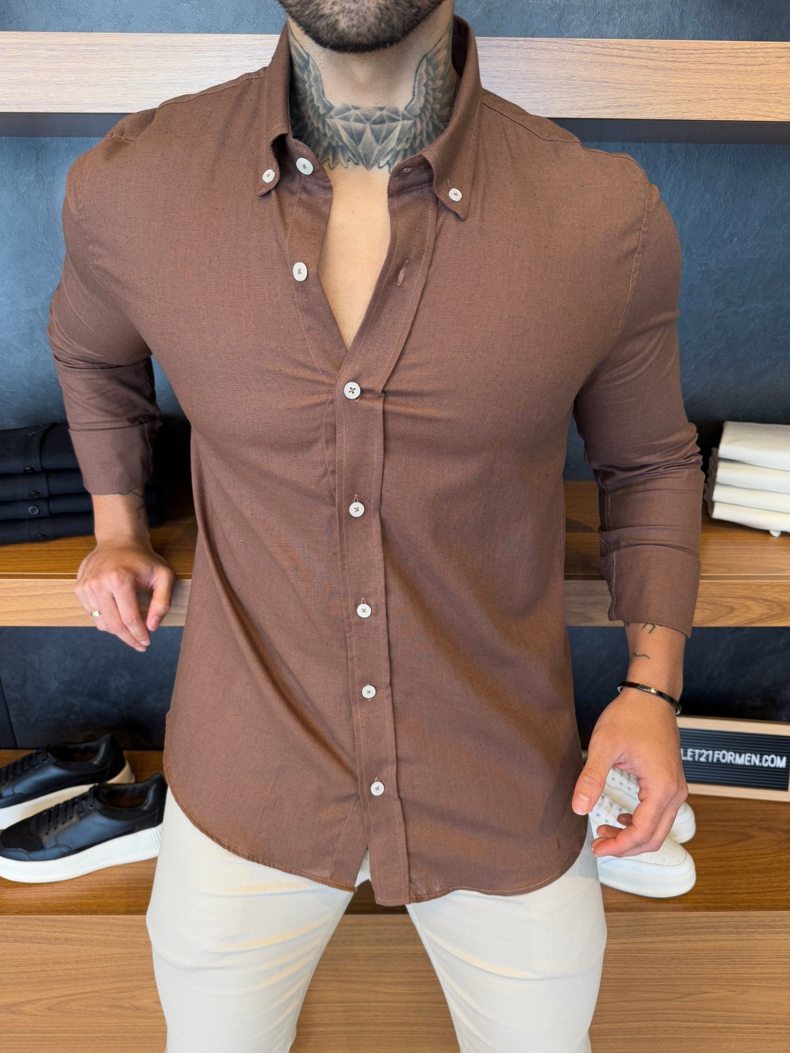Camisa Linho Puro Manga Longa - Marrom