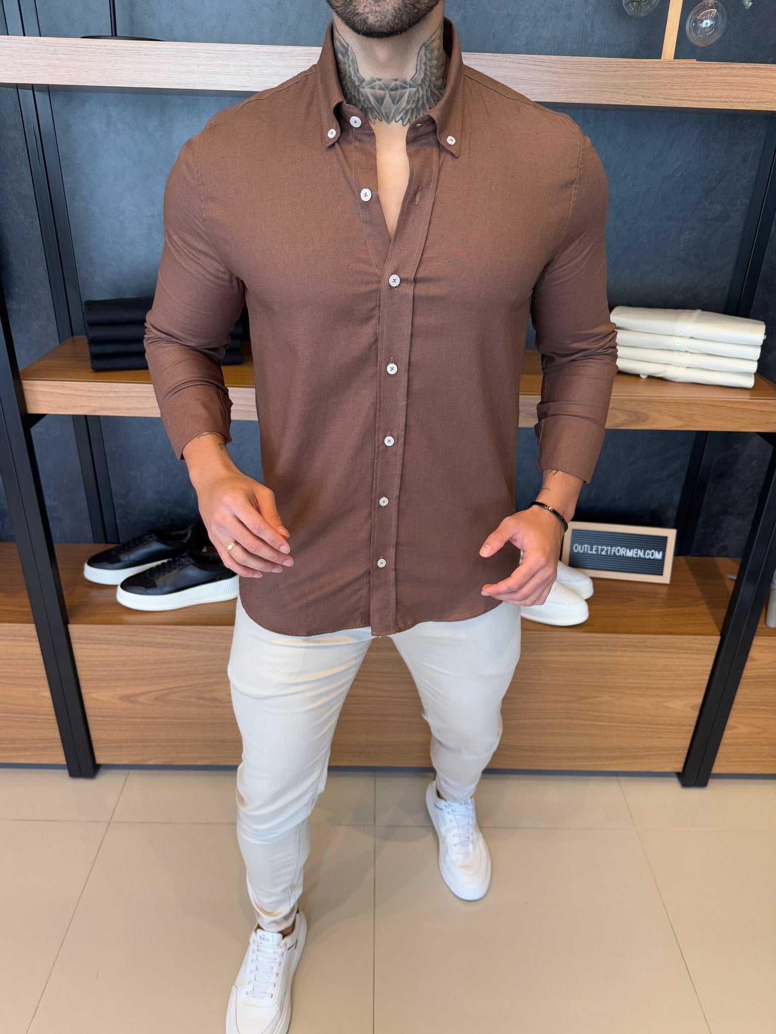 Camisa Linho Puro Manga Longa - Marrom