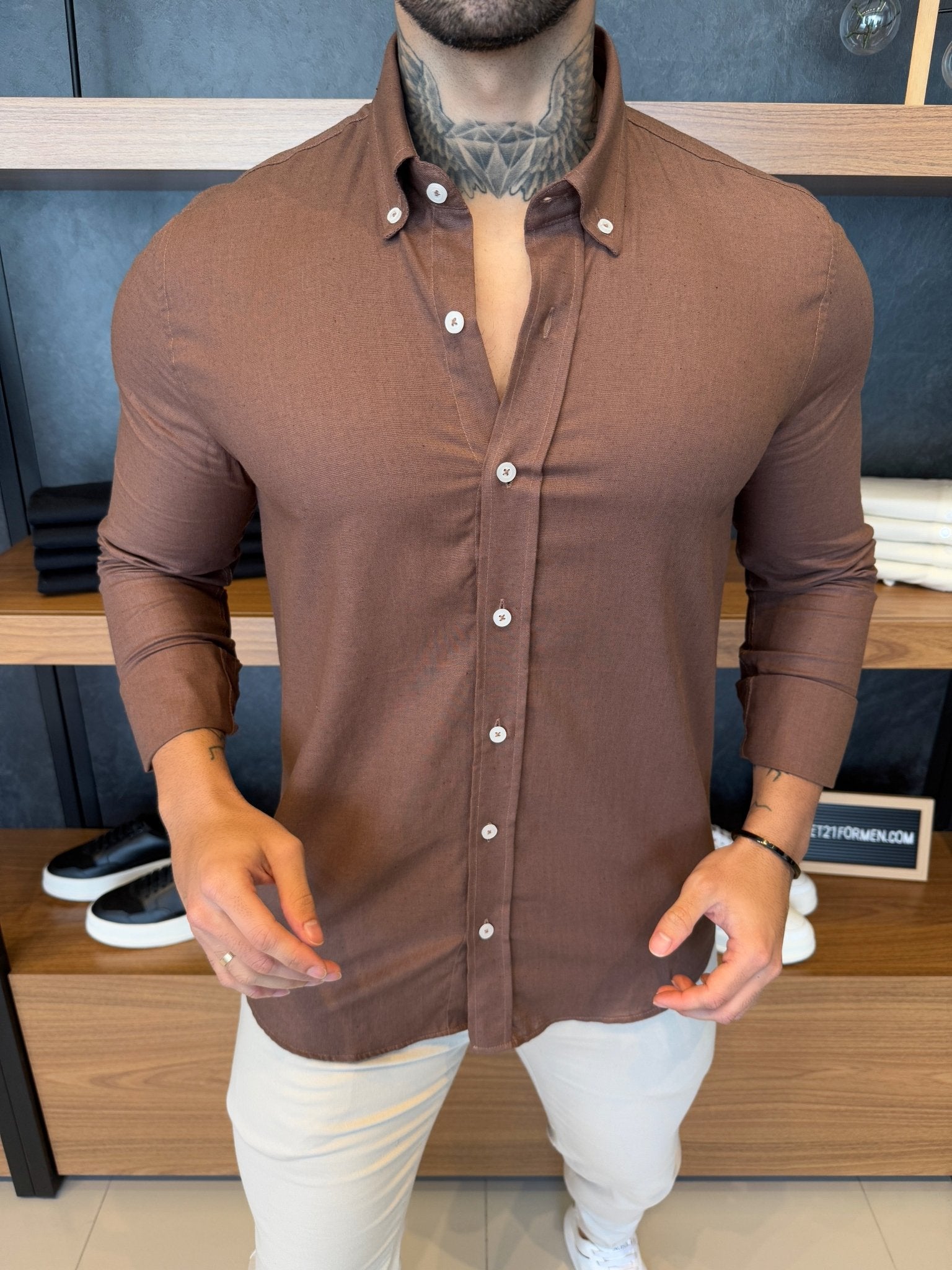Camisa Linho Puro Manga Longa - Marrom