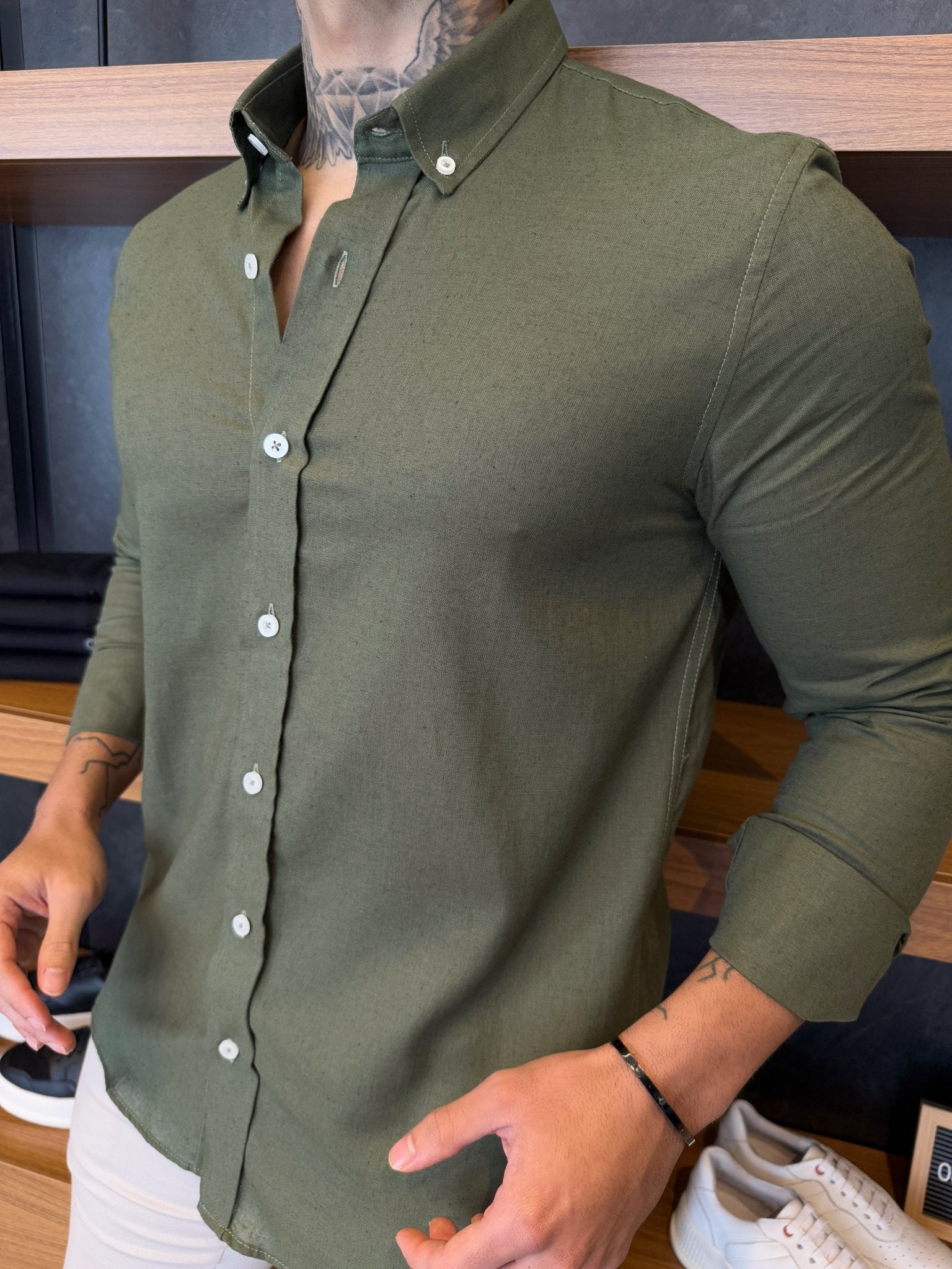 Camisa Linho Puro Manga Longa - Musgo