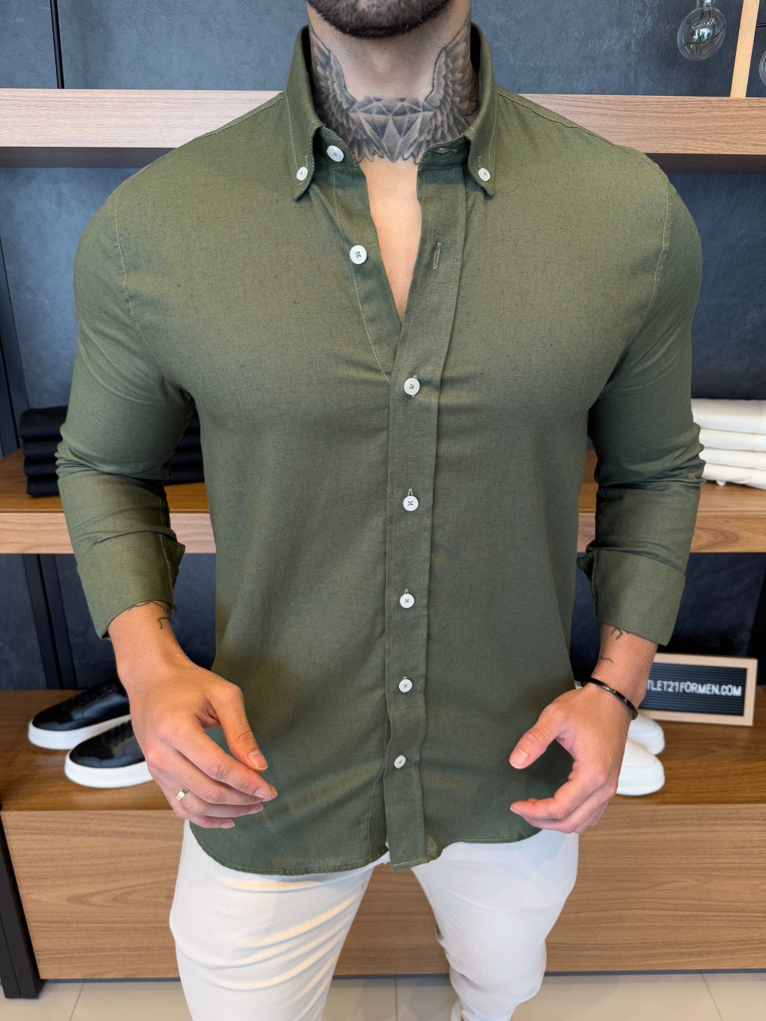 Camisa Linho Puro Manga Longa - Musgo