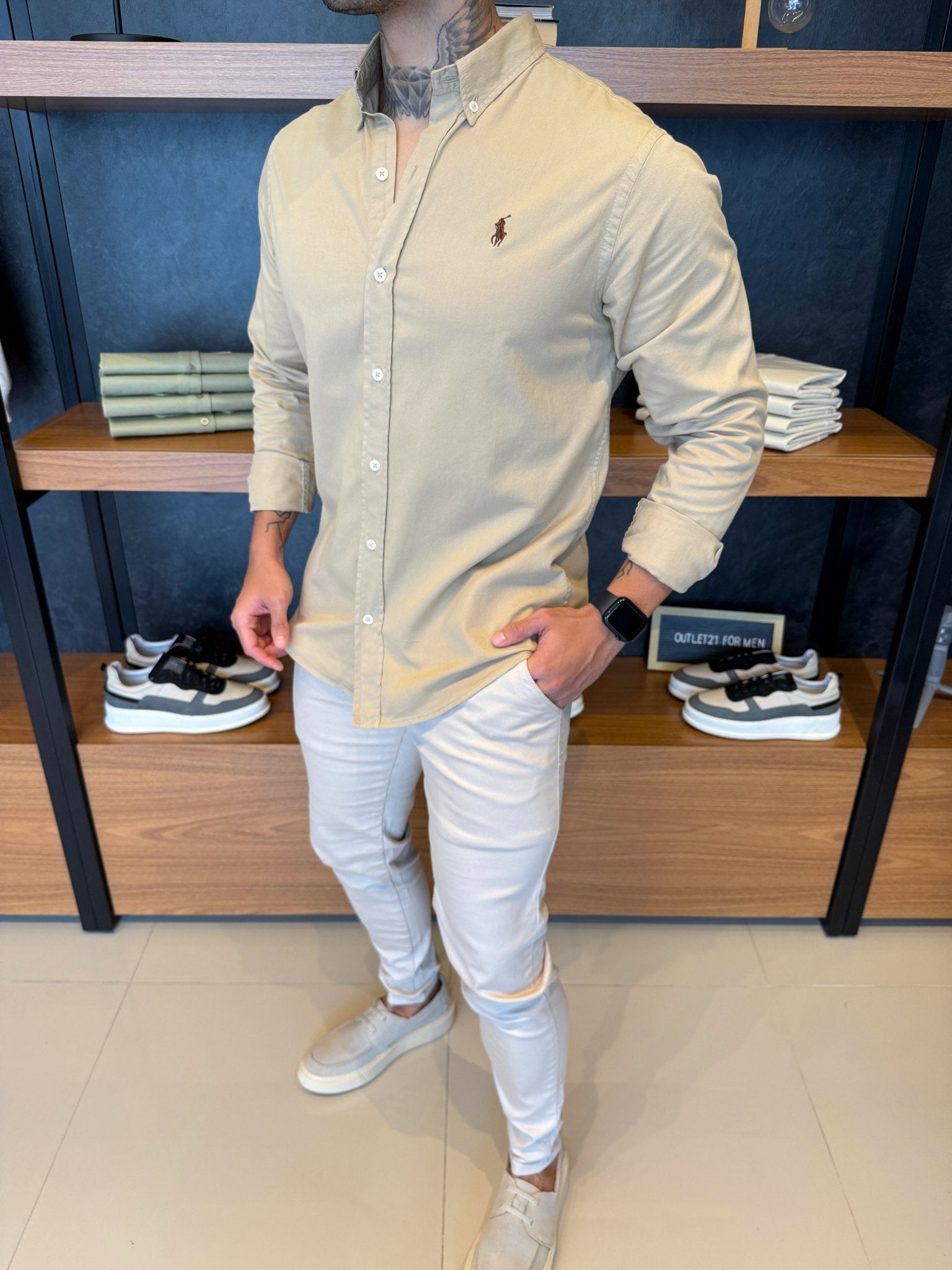Camisa Polo Ralph. Sarja Khaki Logo Marrom