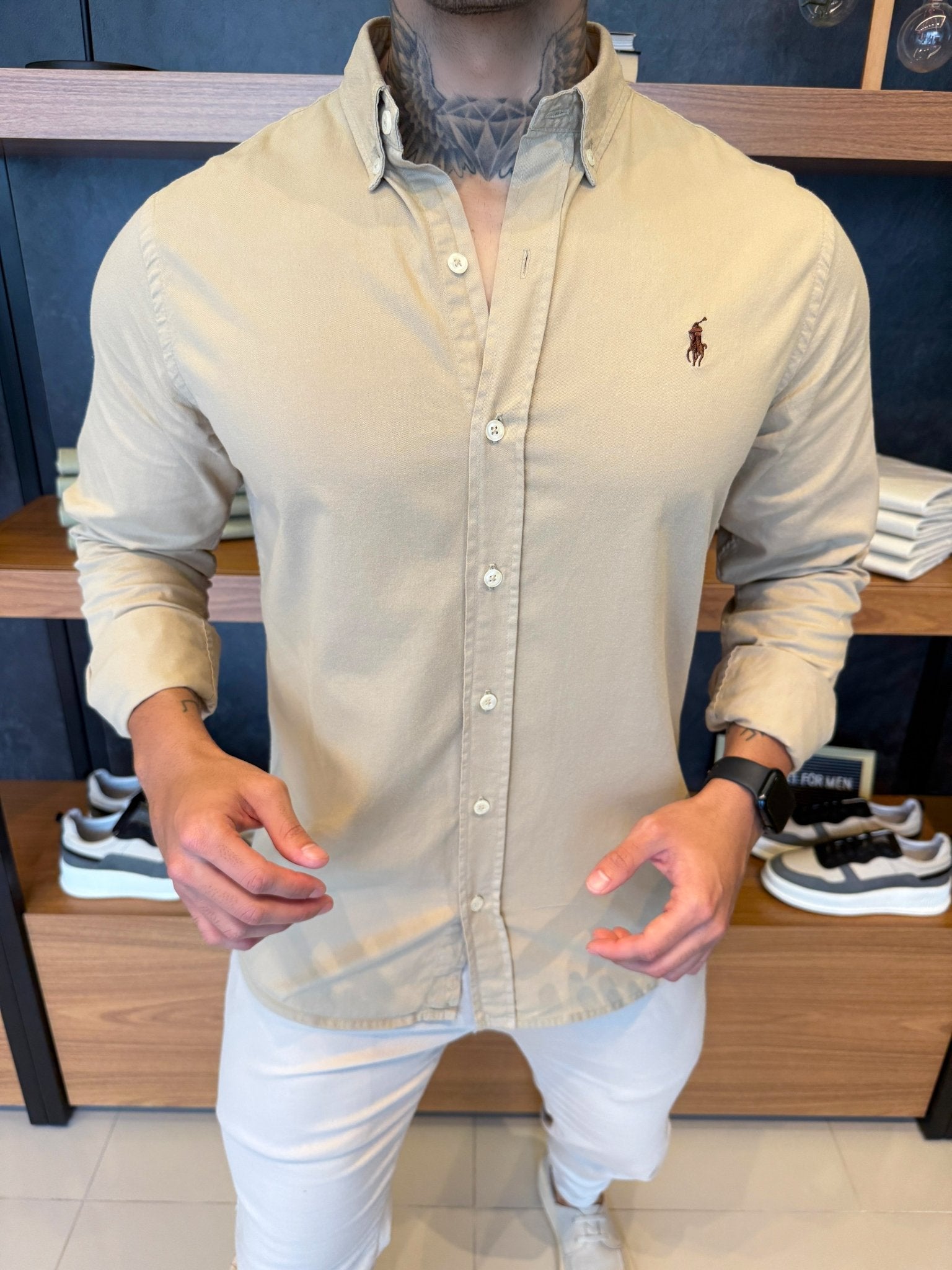 Camisa Polo Ralph. Sarja Khaki Logo Marrom