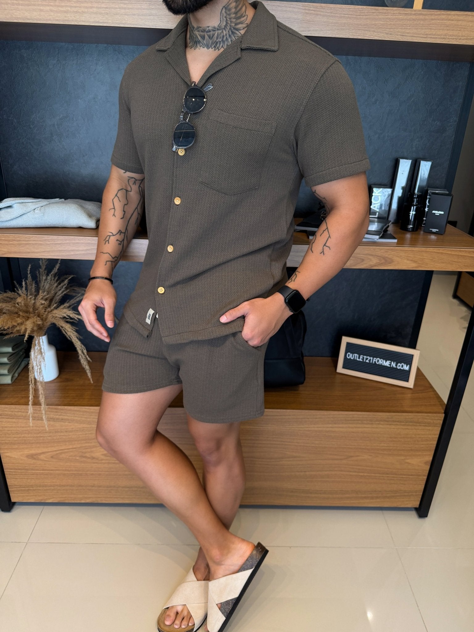 Camisa Riviera Texture Manga Curta - Caqui