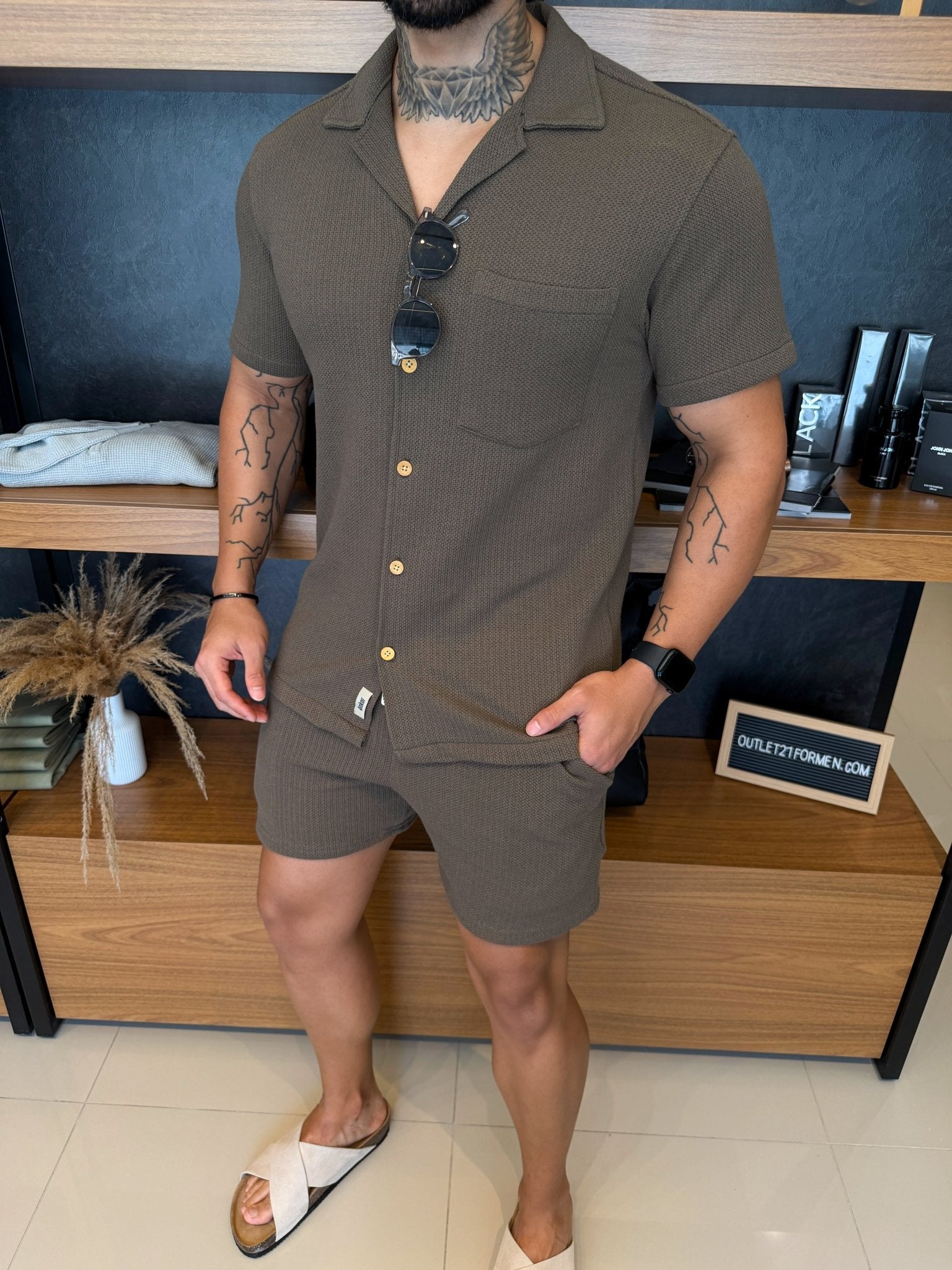 Camisa Riviera Texture Manga Curta - Caqui