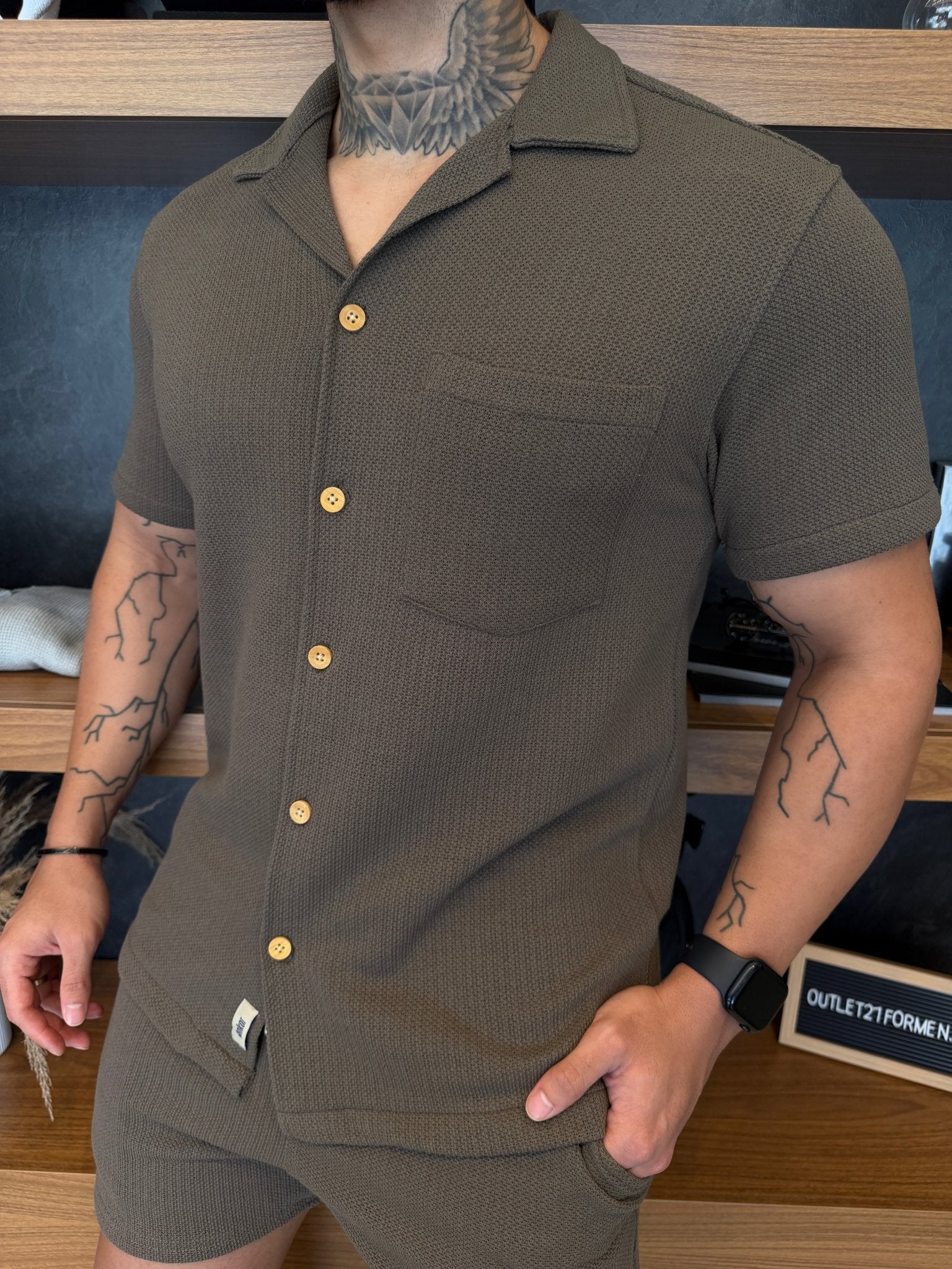 Camisa Riviera Texture Manga Curta - Caqui