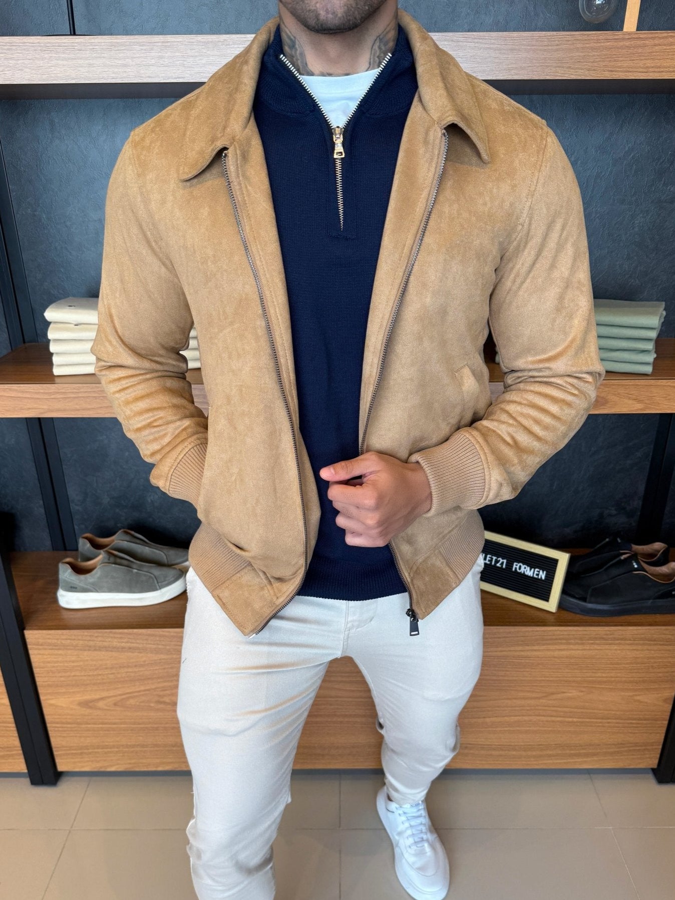 Jaqueta Sienna Suede Bege Gola Lapela