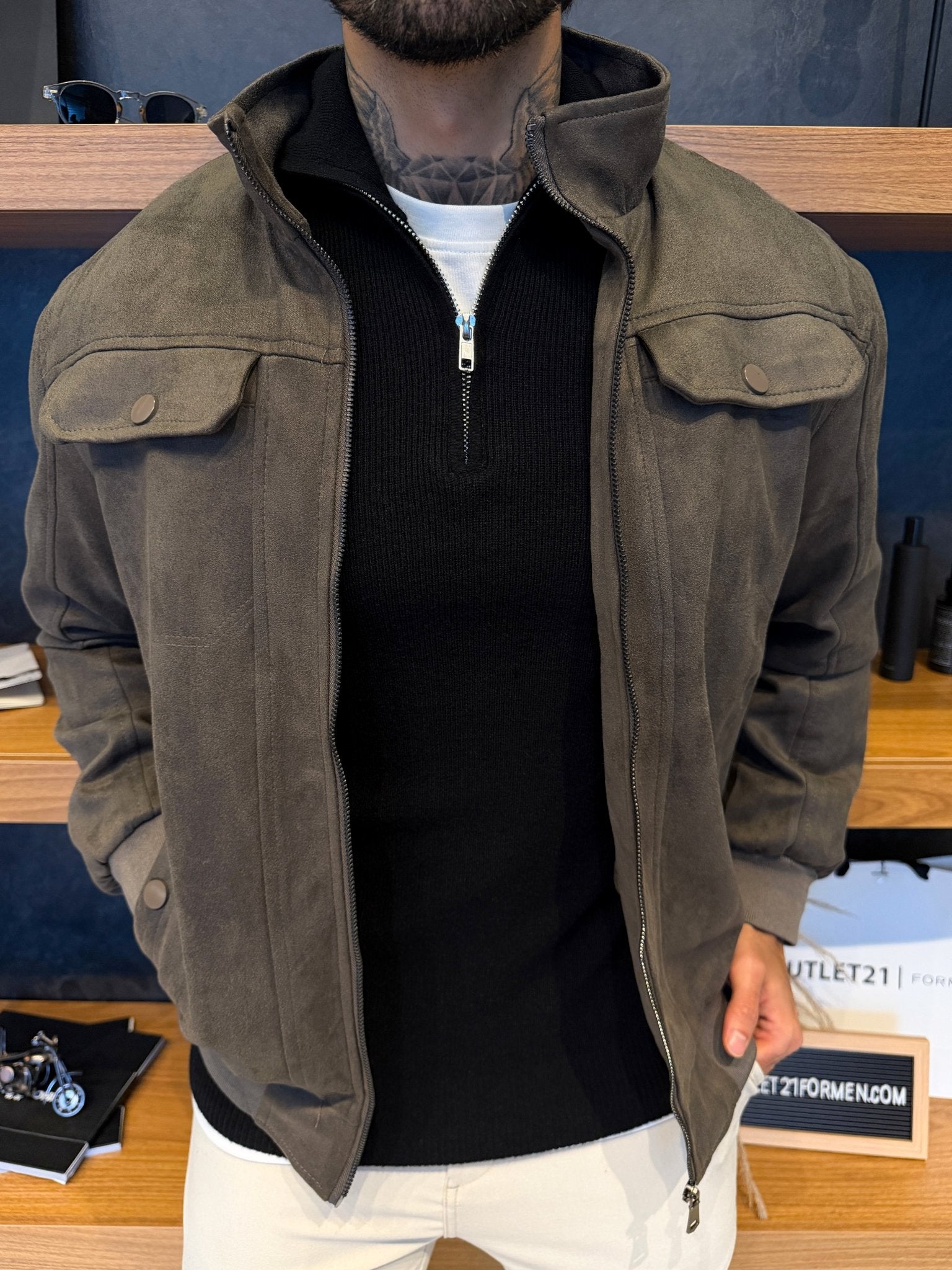 Jaqueta Trucker Suede Gola Alta - Grafite