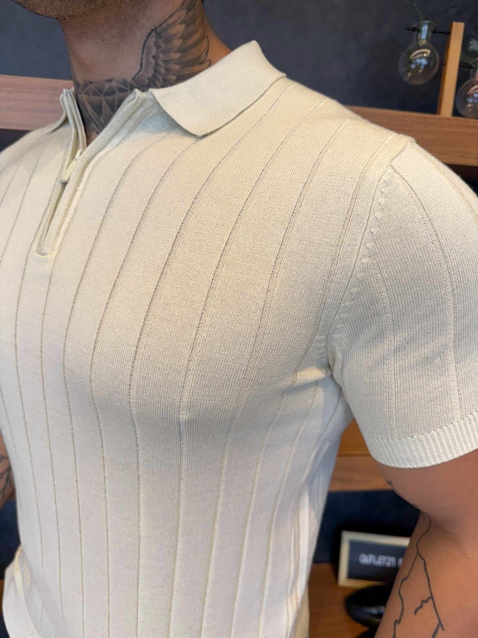 Polo Navy Tricot Listras Minimalista Gola com Zíper - Bege