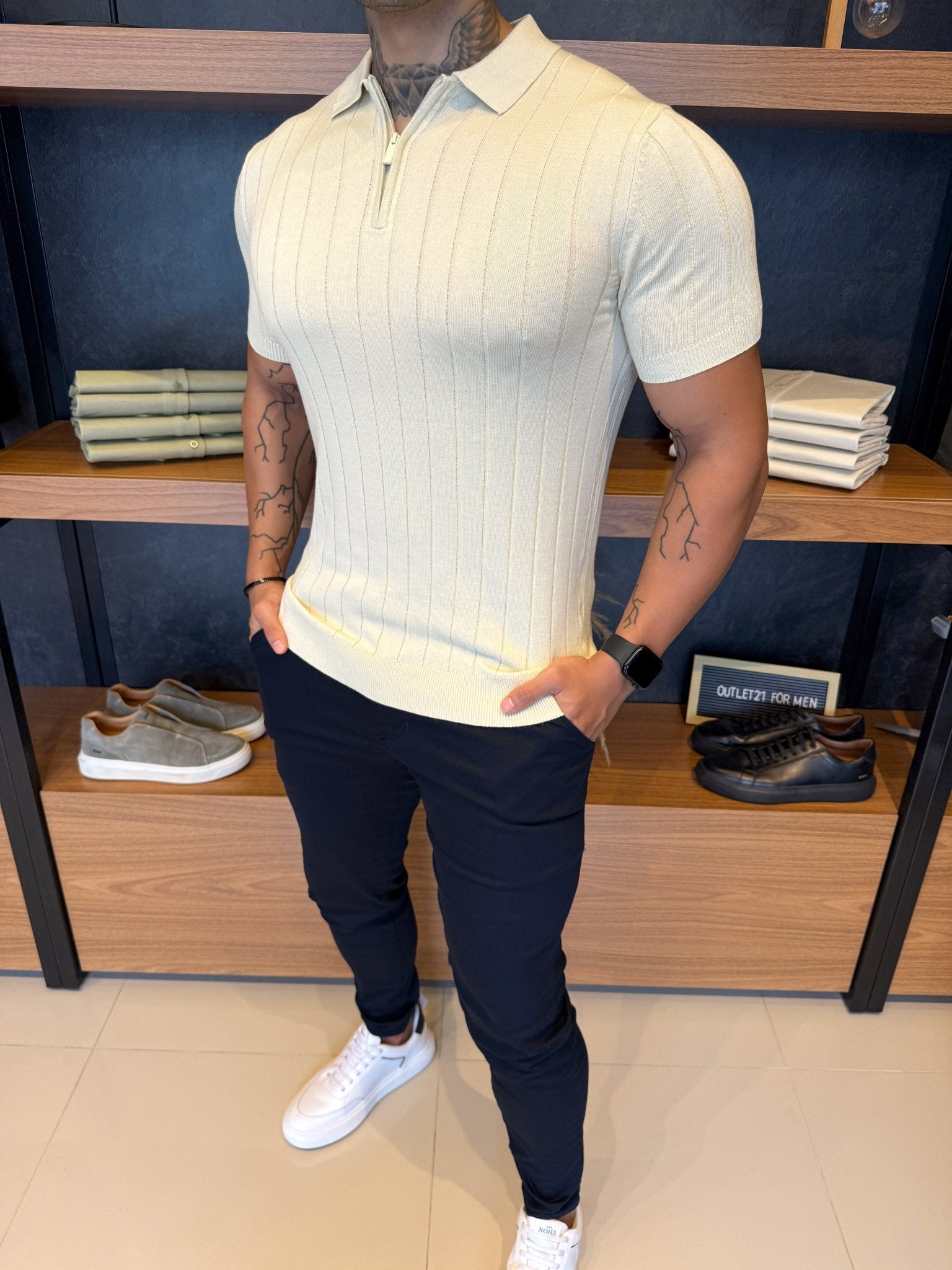 Polo Navy Tricot Bege Listras Minimalista e Zíper