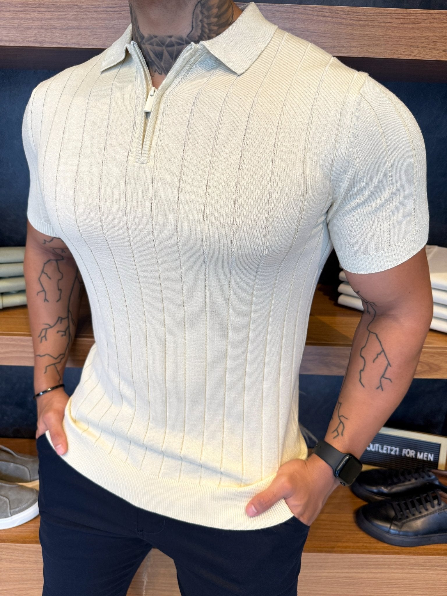 Polo Navy Tricot Bege Listras Minimalista e Zíper