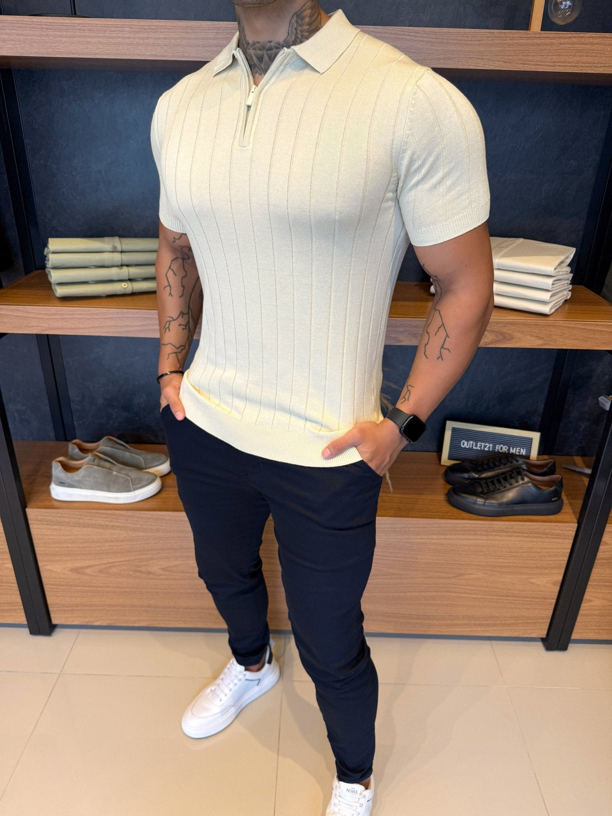 Polo Navy Tricot Listras Minimalista Gola com Zíper - Bege