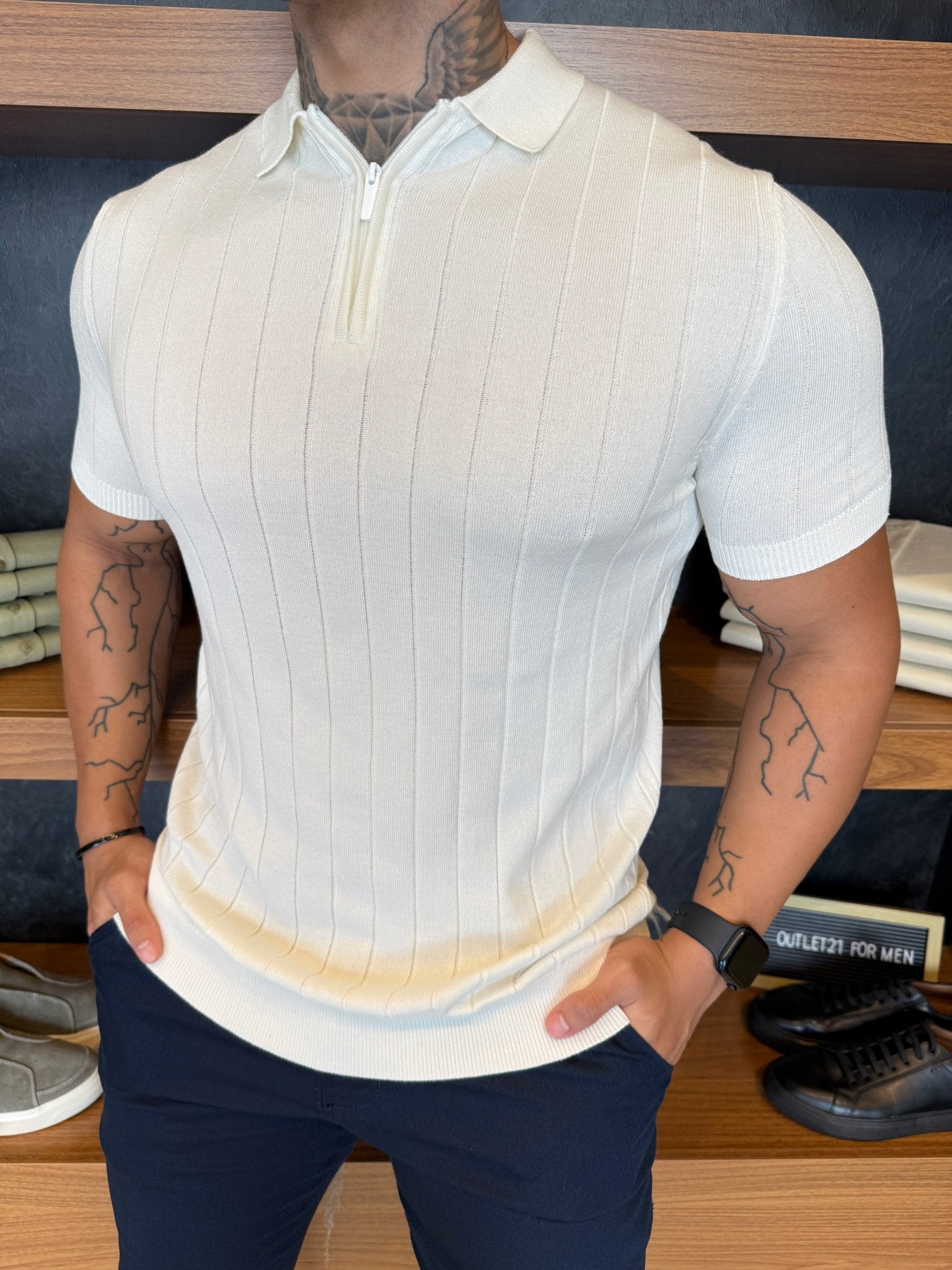Polo Navy Tricot Off White Listras Minimalista e Zíper