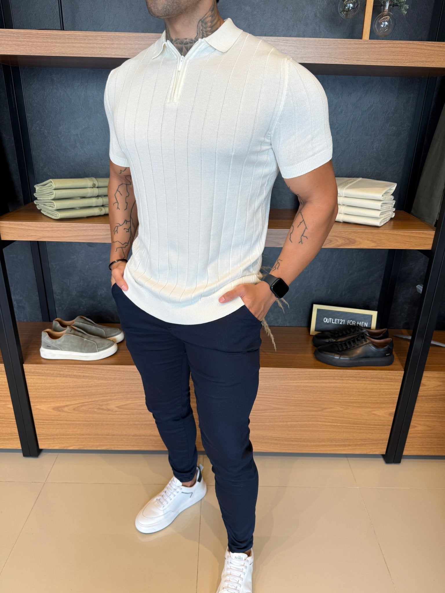 Polo Navy Tricot Off White Listras Minimalista e Zíper