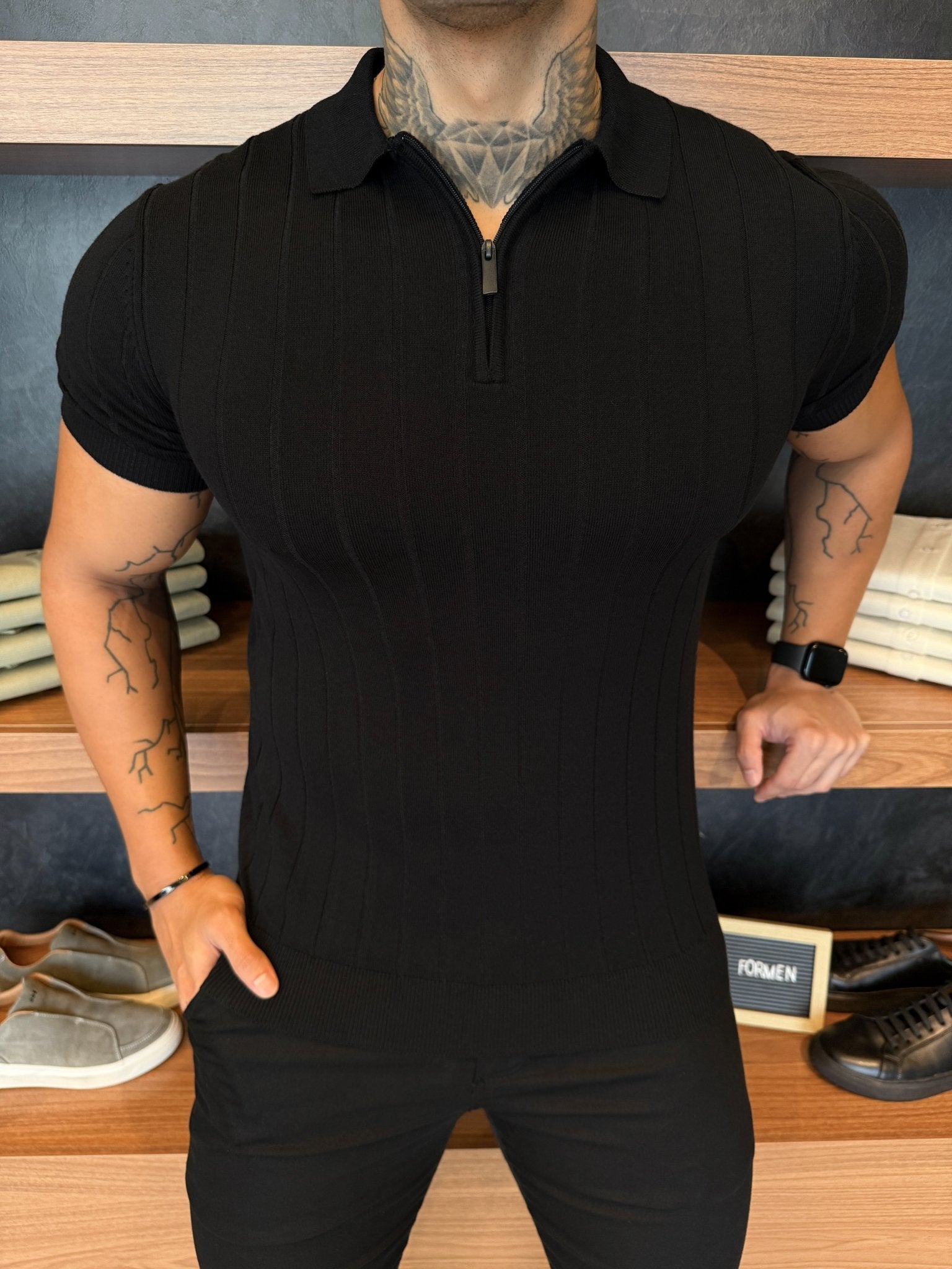 Polo Navy Tricot Preta Listras Minimalista e Zíper