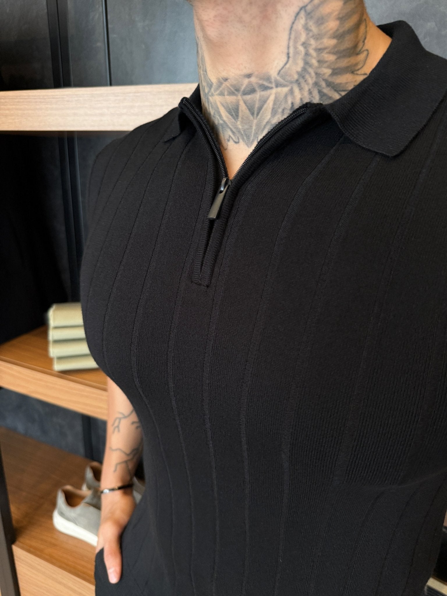 Polo Navy Tricot Listras Minimalista Gola com Zíper - Preta
